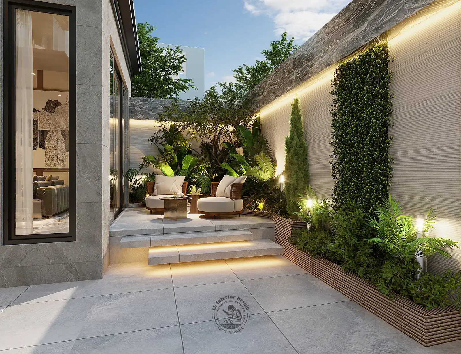 Hiên bên hông có ghế thư giãn – thiết kế nội thất biệt thự Quận 7 – LU Design
