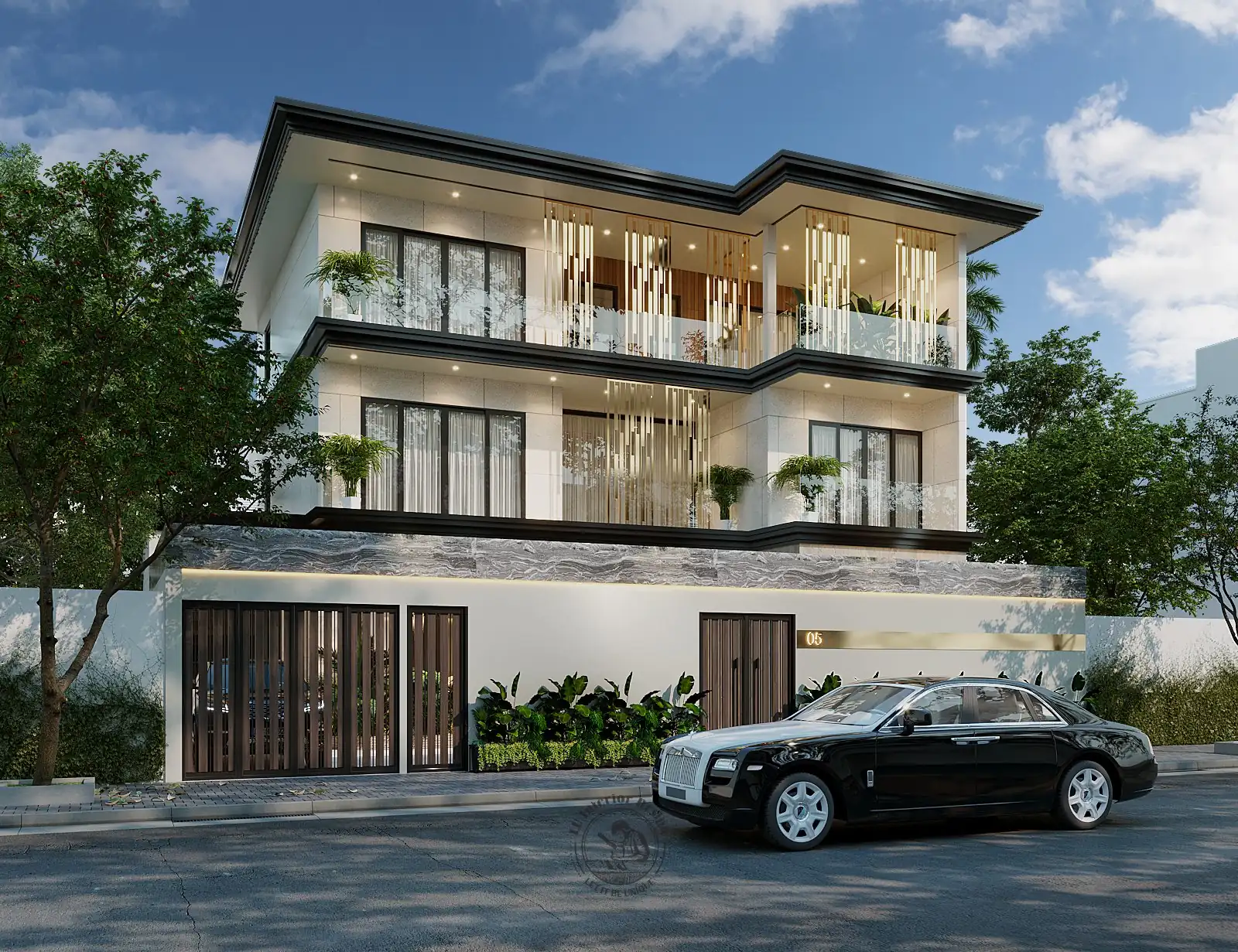 Mặt tiền biệt thự hiện đại nhìn toàn cảnh – thiết kế nội thất biệt thự Quận 7 – LU Design