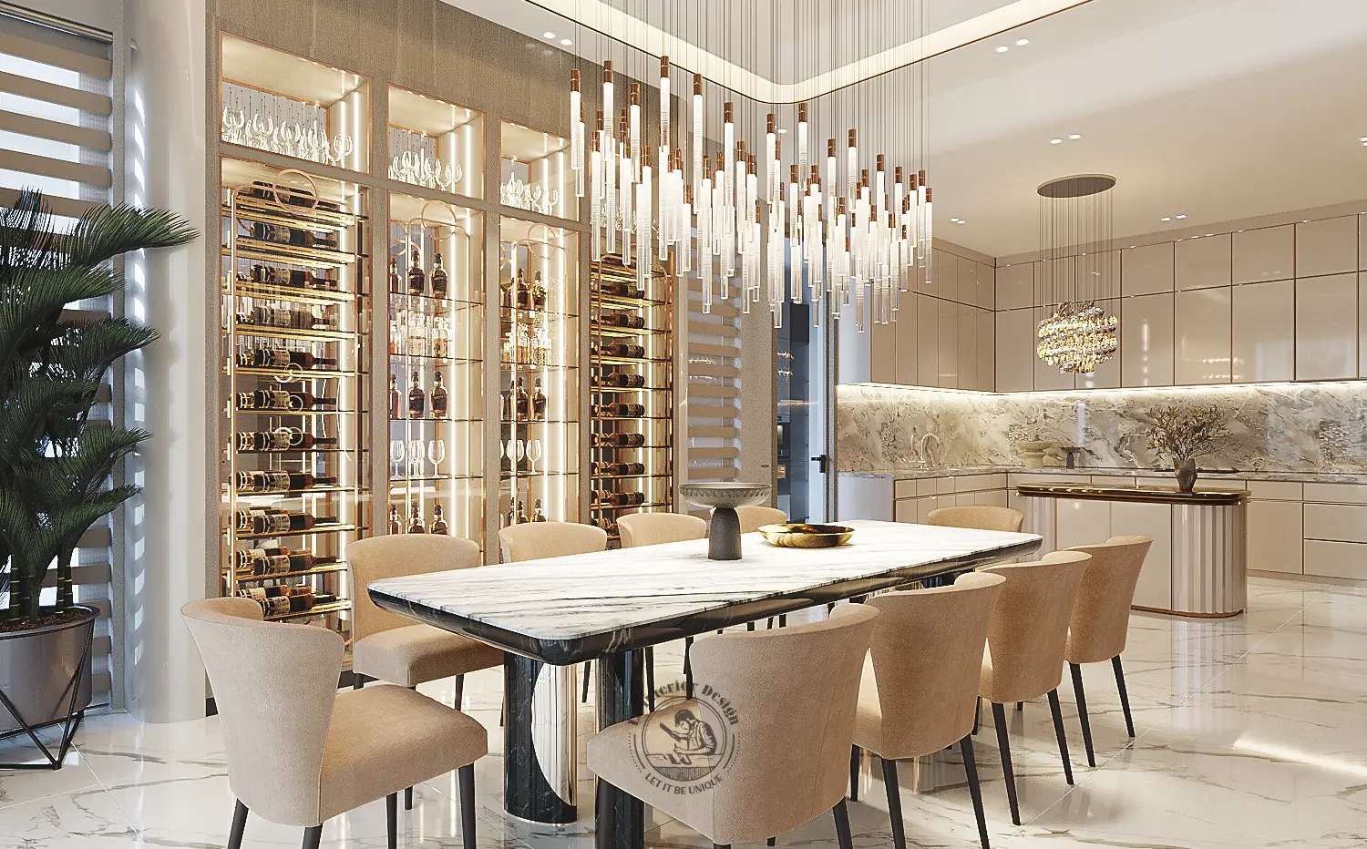 Đèn chùm pha lê trên bàn ăn – thiết kế nội thất biệt thự Quận 7 – LU Design