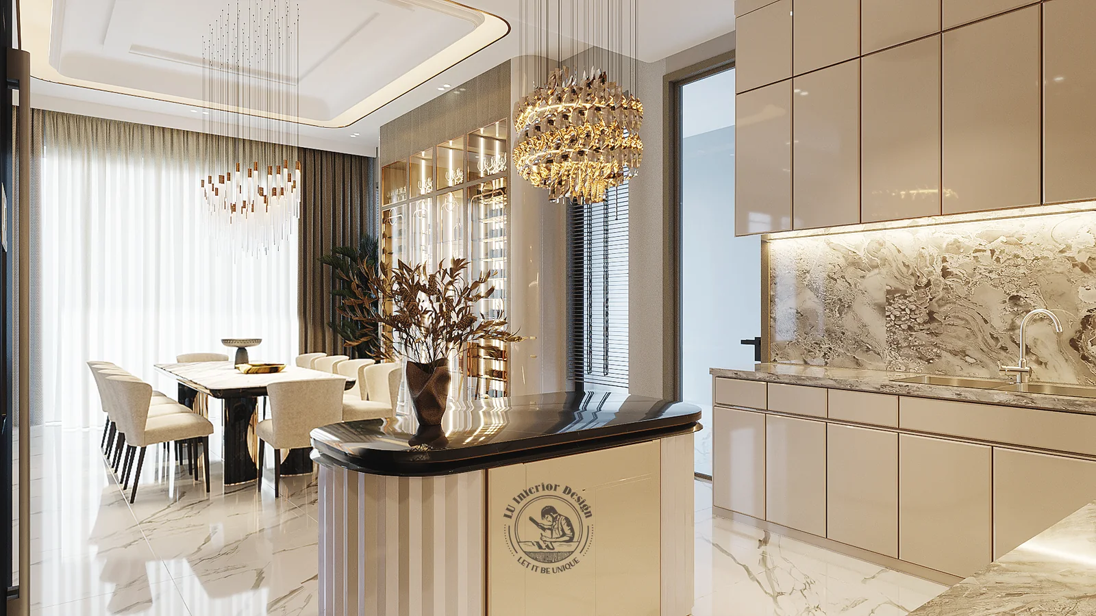 Phòng ăn nhìn về bếp – thiết kế nội thất biệt thự Quận 7 – LU Design