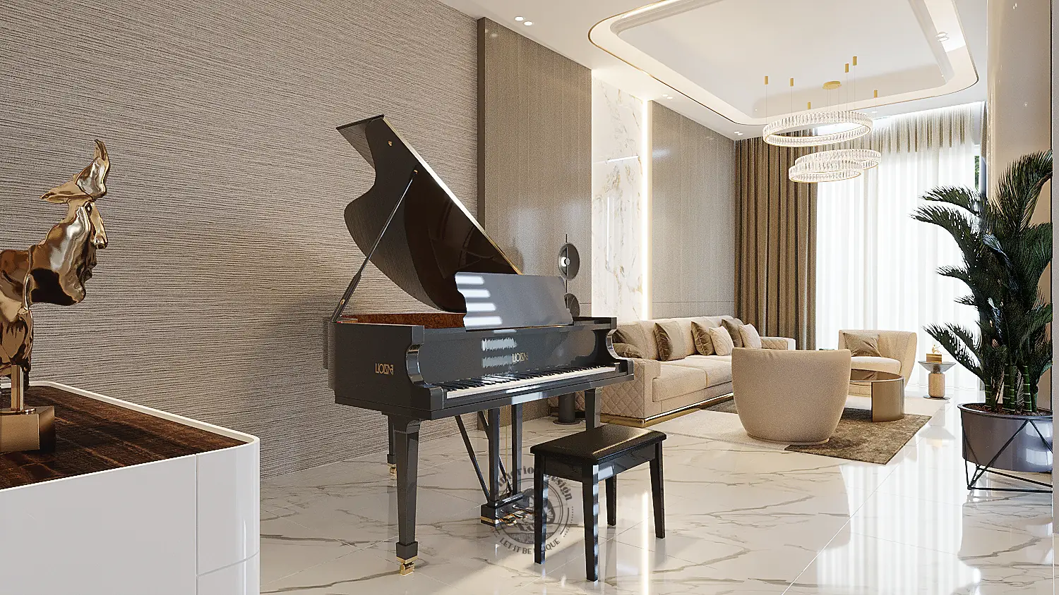 Góc đàn piano trong phòng khách – thiết kế nội thất biệt thự Quận 7 – LU Design