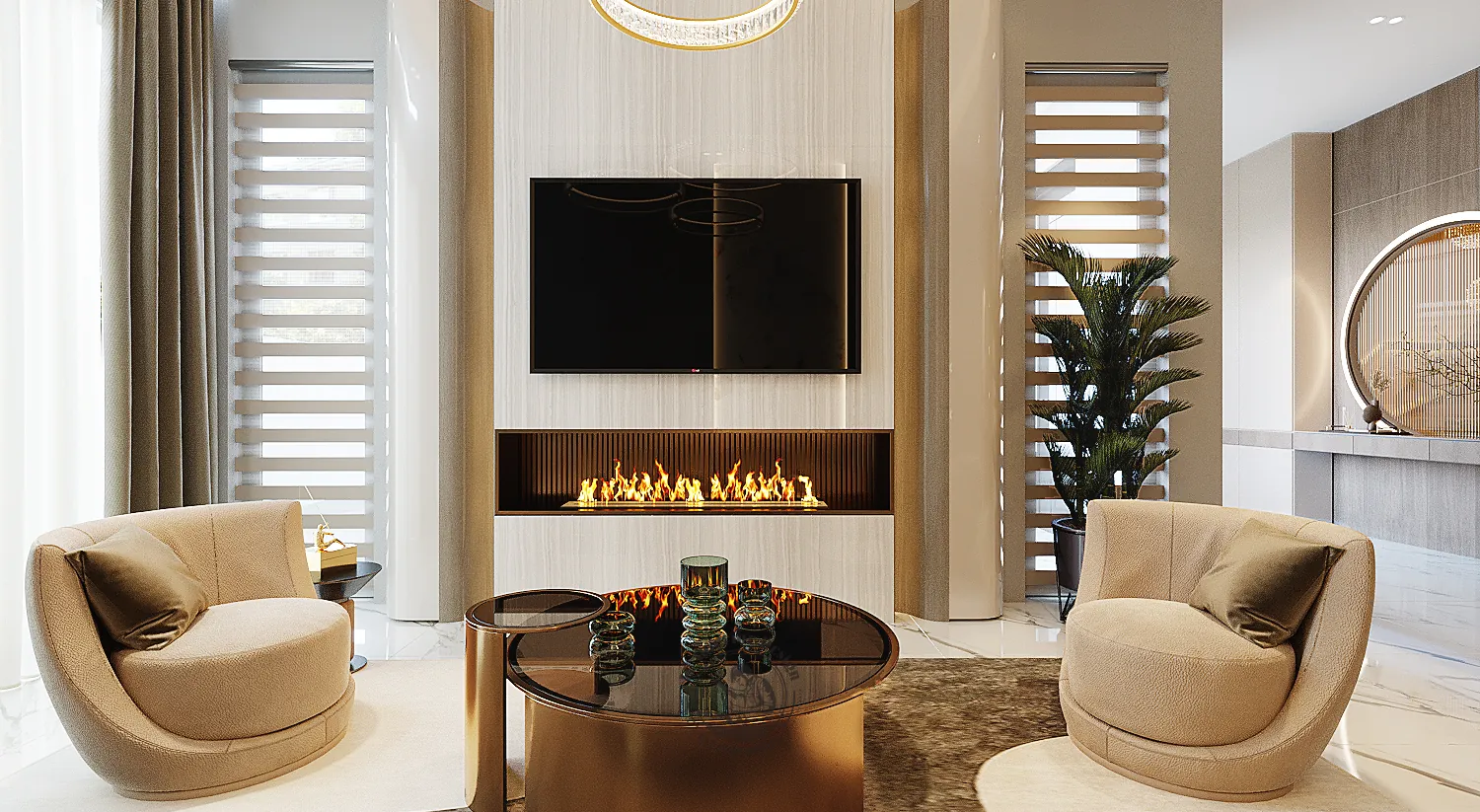 Lò sưởi âm tường và hai ghế xoay – thiết kế nội thất biệt thự Quận 7 – LU Design