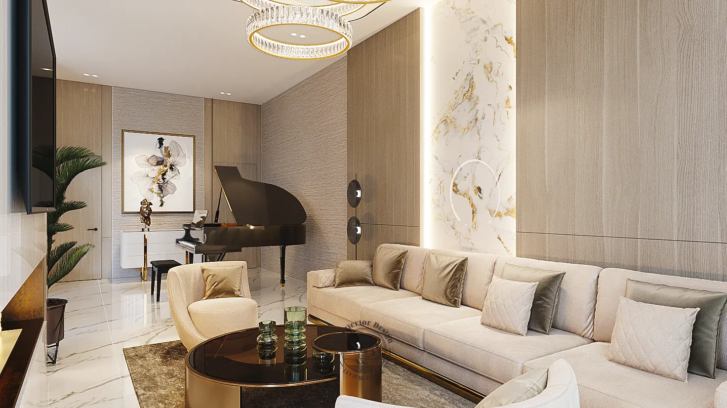 Phòng khách nhìn về góc đàn piano – thiết kế nội thất biệt thự Quận 7 – LU Design
