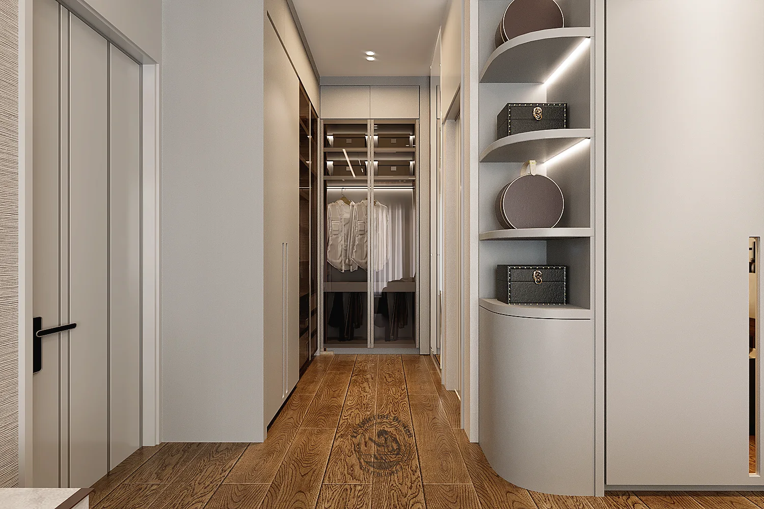 Hành lang tủ áo dẫn vào phòng – thiết kế nội thất biệt thự Quận 7 – LU Design