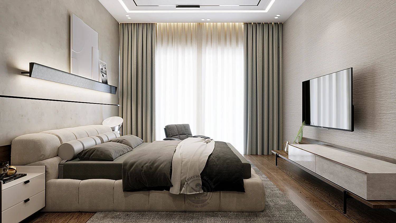 Giường xám phòng ngủ 2 – thiết kế nội thất biệt thự Quận 7 – LU Design