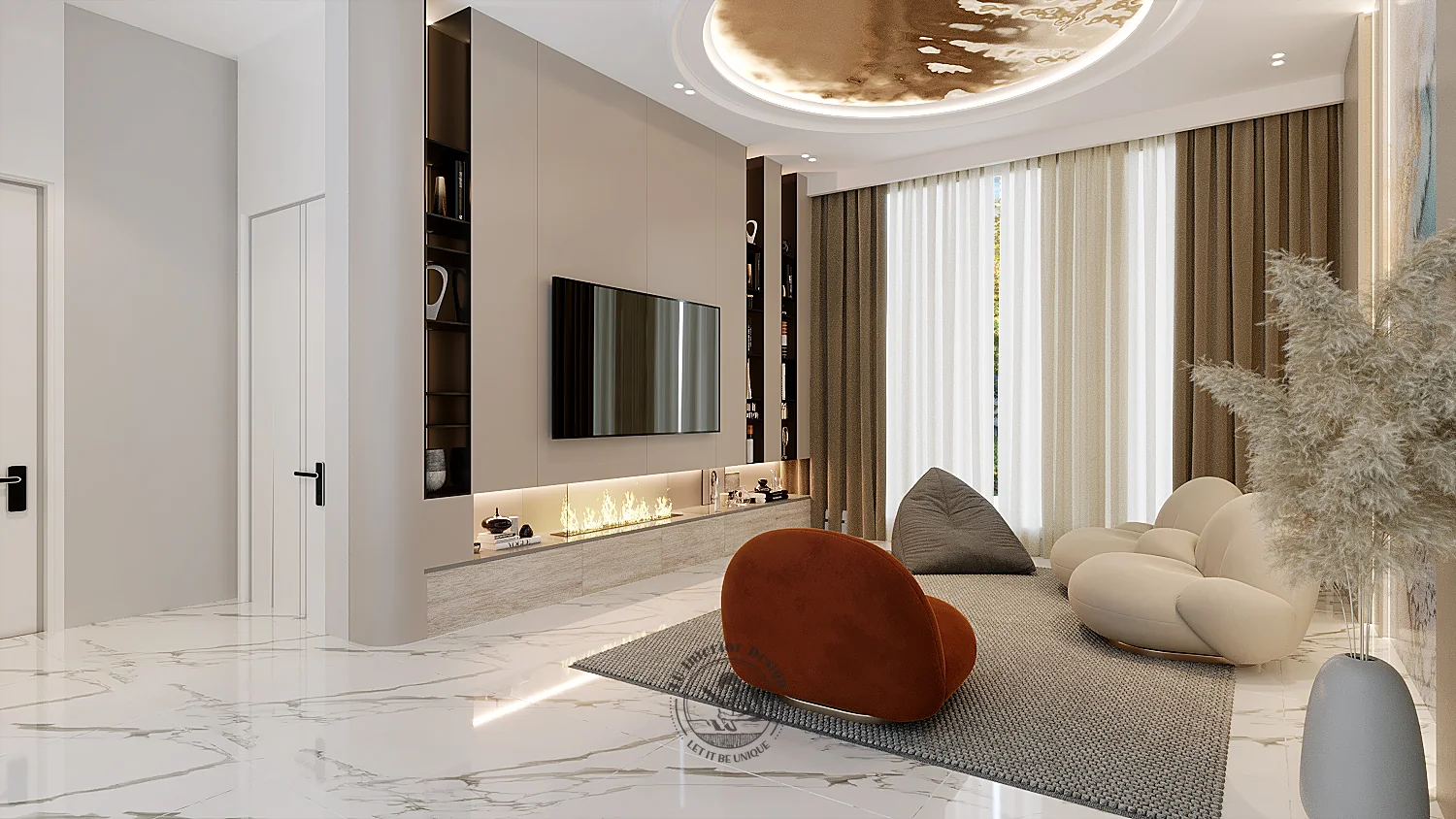 Phòng sinh hoạt chung ghế cam và tranh khổ lớn – thiết kế nội thất biệt thự Quận 7 – LU Design