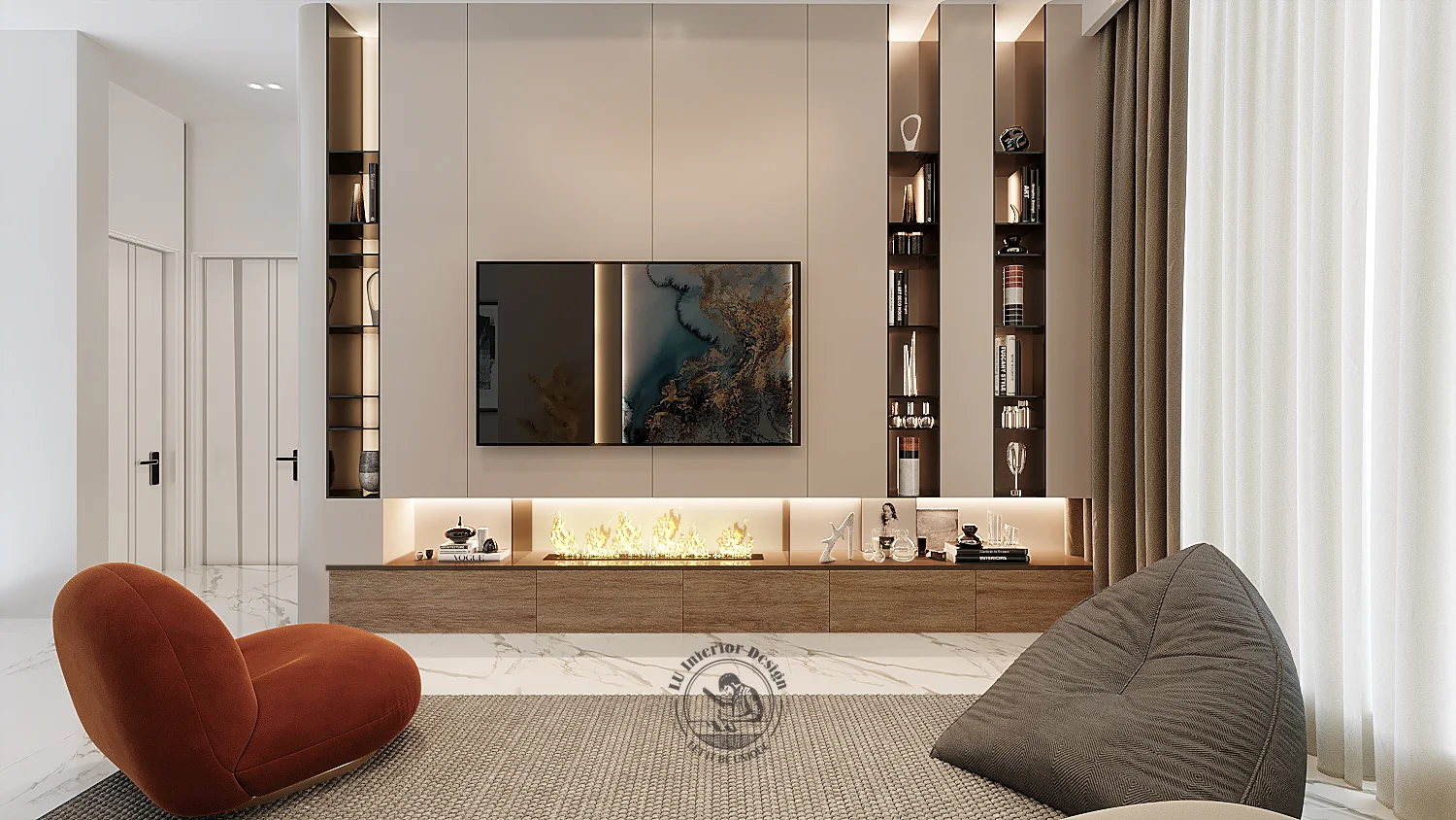 Kệ tivi thấp phòng sinh hoạt chung – thiết kế nội thất biệt thự Quận 7 – LU Design