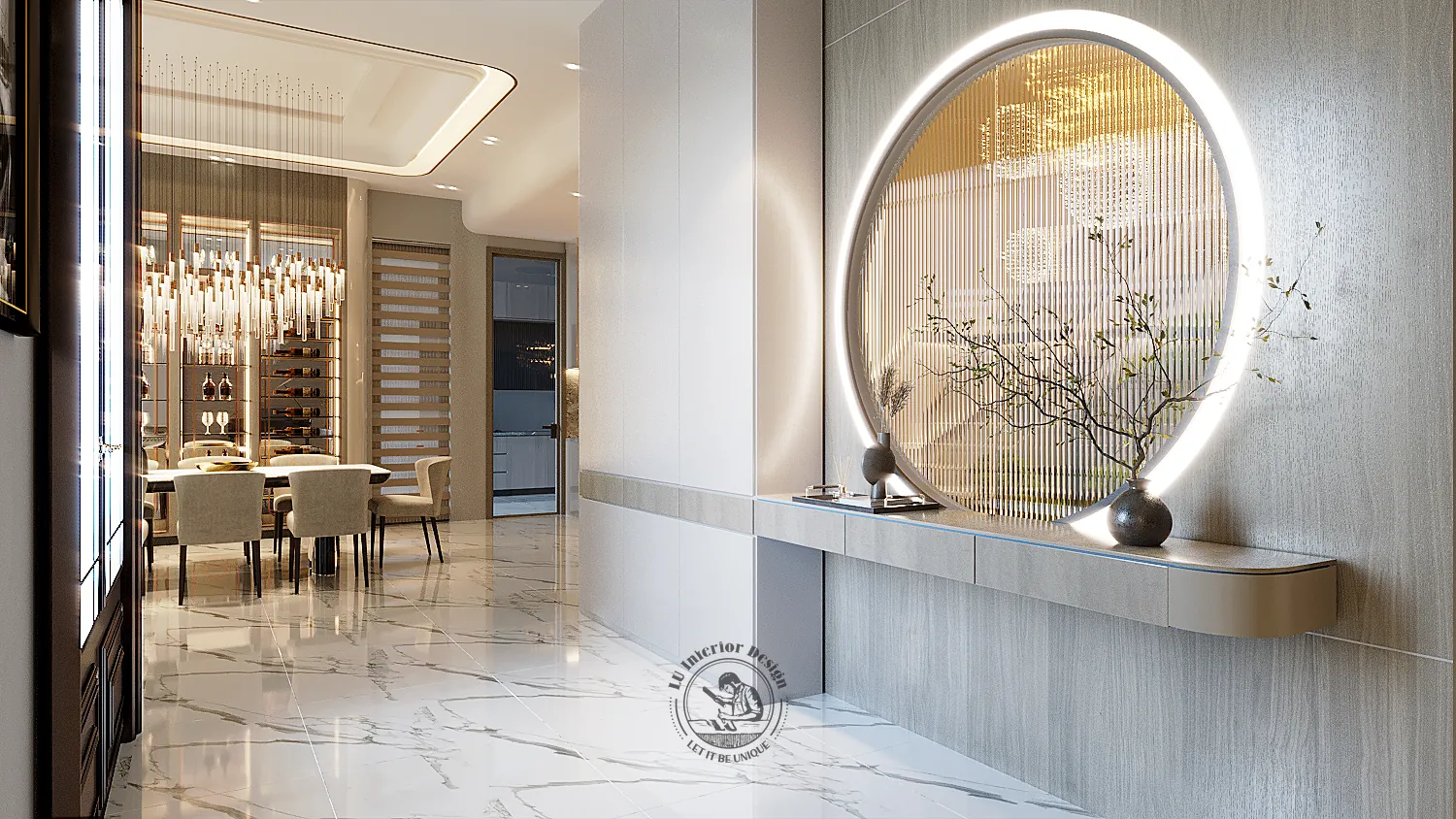 Vách tròn nhìn sang phòng ăn – thiết kế nội thất biệt thự Quận 7 – LU Design