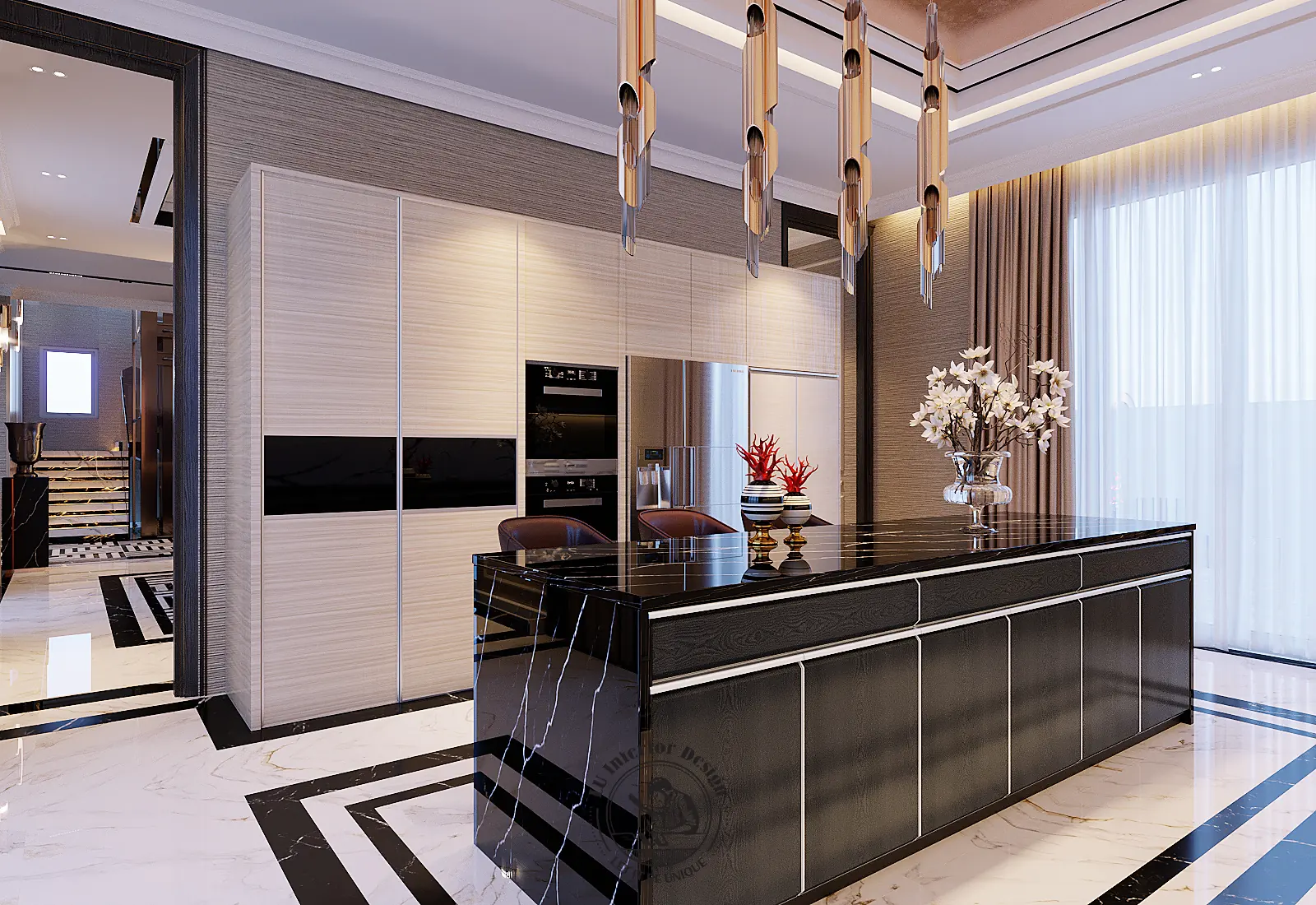 Đảo bếp đá đen dài – thiết kế nội thất biệt thự Sala – LU Design