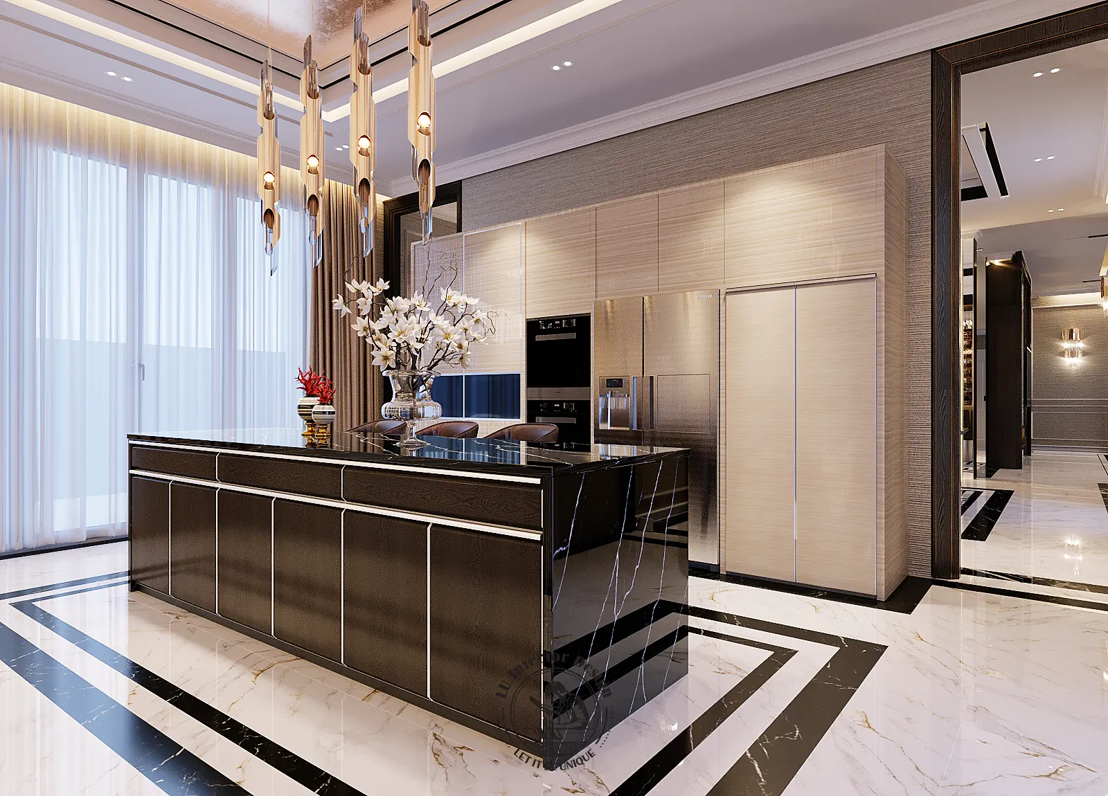 Bếp nhìn toàn cảnh với tủ kem – thiết kế nội thất biệt thự Sala – LU Design
