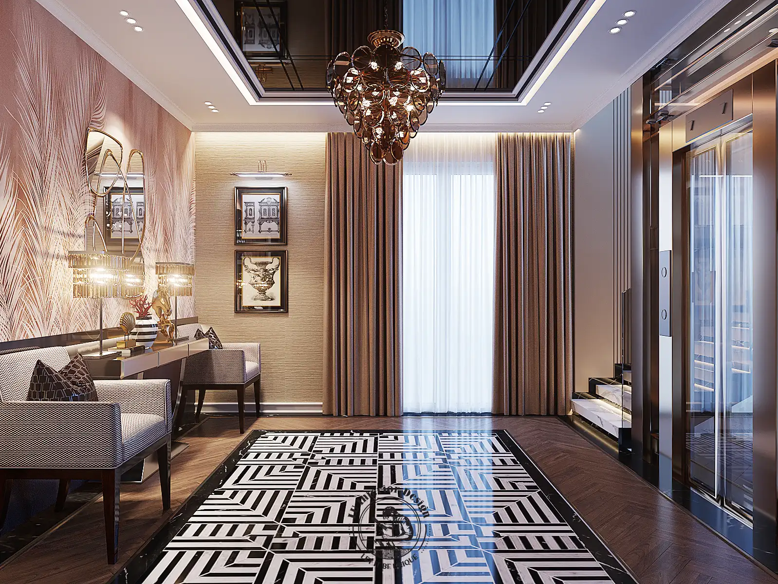 Giấy dán tường hồng phấn ở hành lang – thiết kế nội thất biệt thự Sala – LU Design