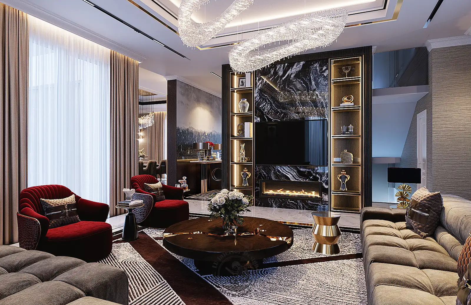 Ghế nhung đỏ và bàn trà trong phòng khách – thiết kế nội thất biệt thự Sala – LU Design