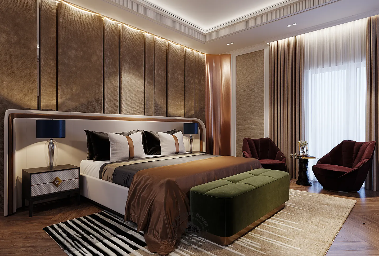 Đầu giường bọc nệm trên vách gỗ – thiết kế nội thất biệt thự Sala – LU Design