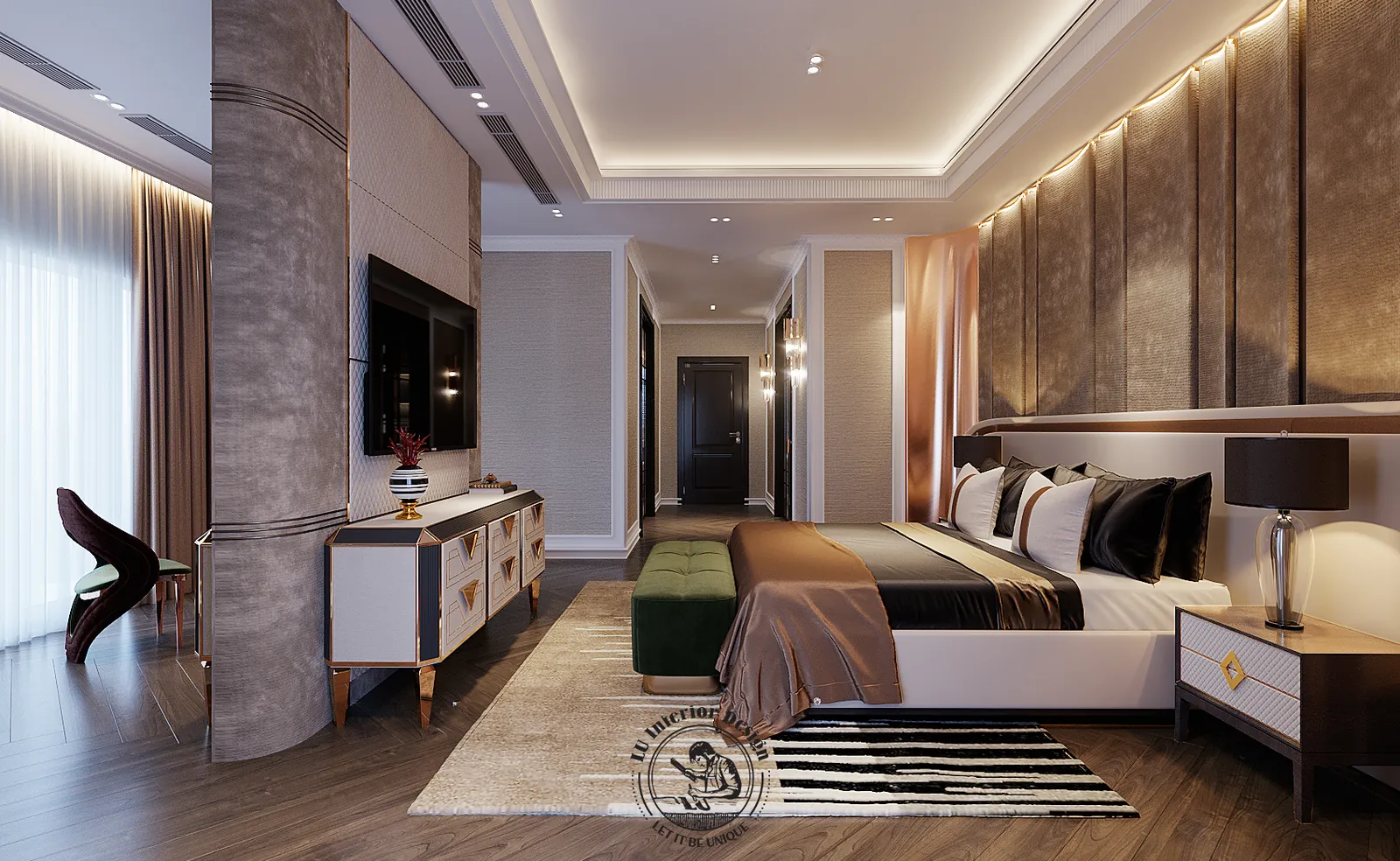 Ghế nhung đỏ cạnh cửa sổ phòng master – thiết kế nội thất biệt thự Sala – LU Design