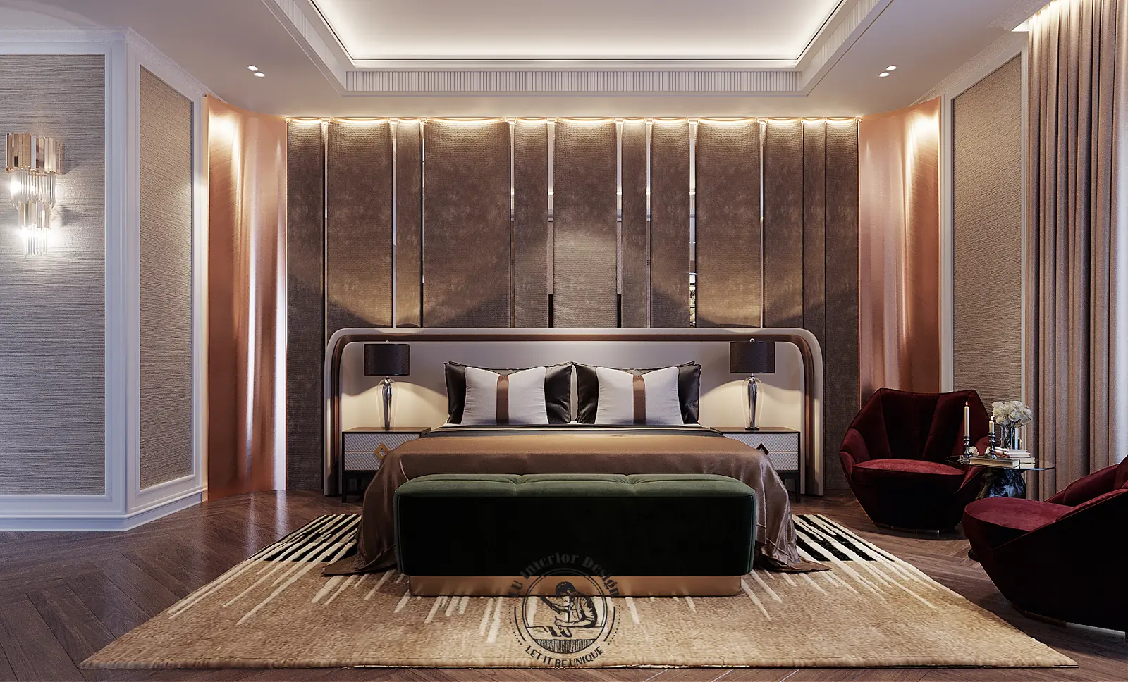 Vách gỗ và giường master – thiết kế nội thất biệt thự Sala – LU Design