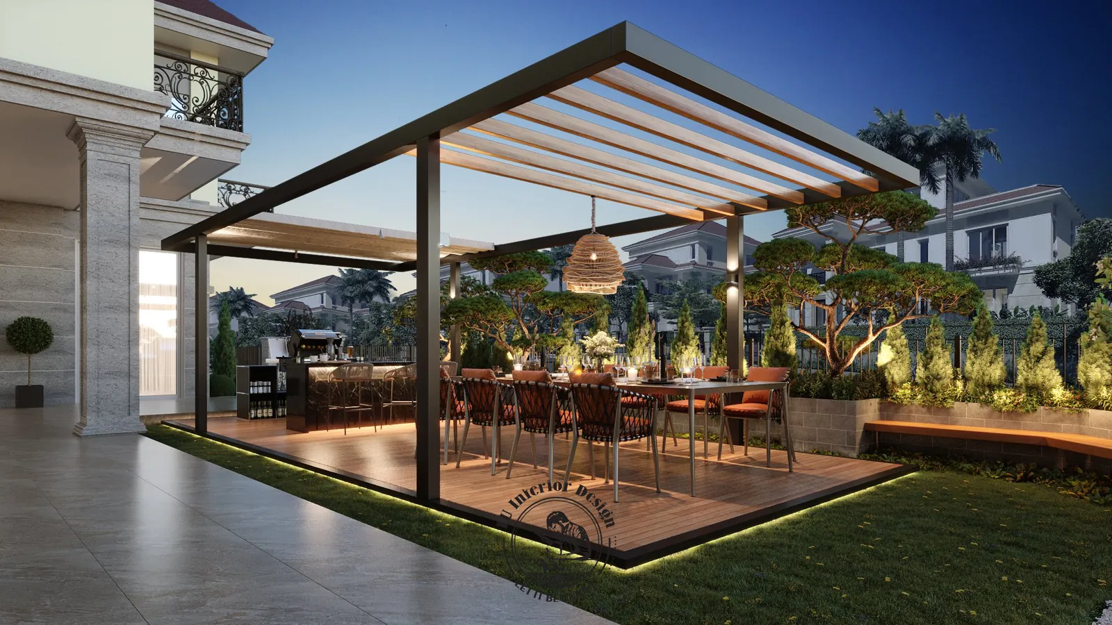 Bàn ăn ngoài trời dưới pergola – thiết kế nội thất biệt thự Sala – LU Design