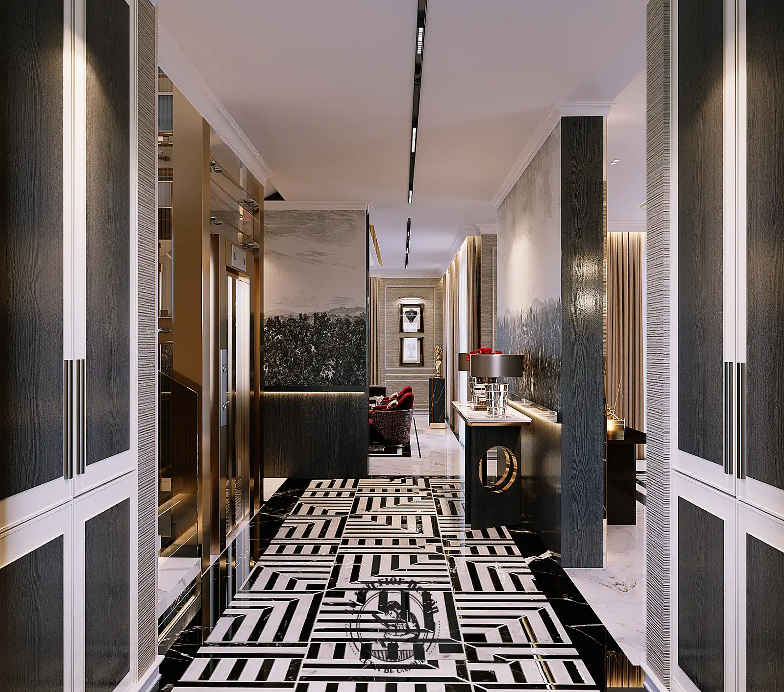 Sàn đá hoa văn đen trắng ở sảnh – thiết kế nội thất biệt thự Sala – LU Design