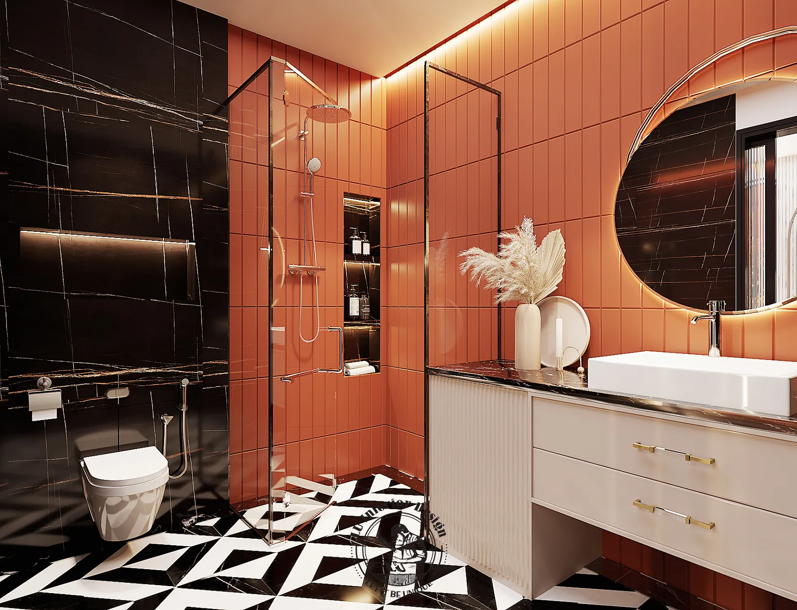 Phòng tắm gạch cam và sàn hoa văn – thiết kế nội thất biệt thự Sala – LU Design