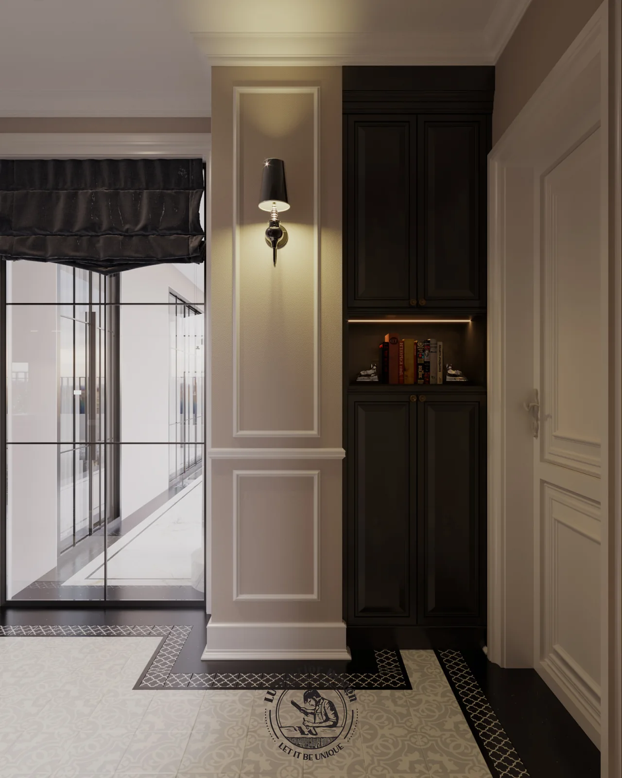 Kho bếp và tủ gỗ đen dọc lối đi – thiết kế nội thất biệt thự Swanbay – LU Design