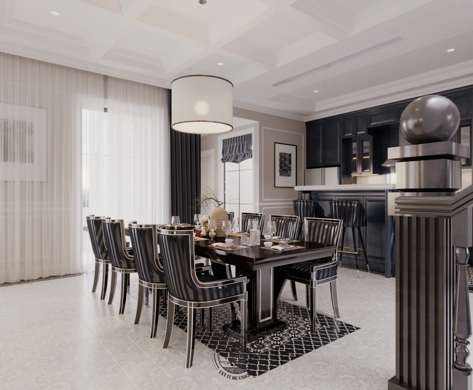 Phòng ăn nhìn về cầu thang và bếp – thiết kế nội thất biệt thự Swanbay – LU Design