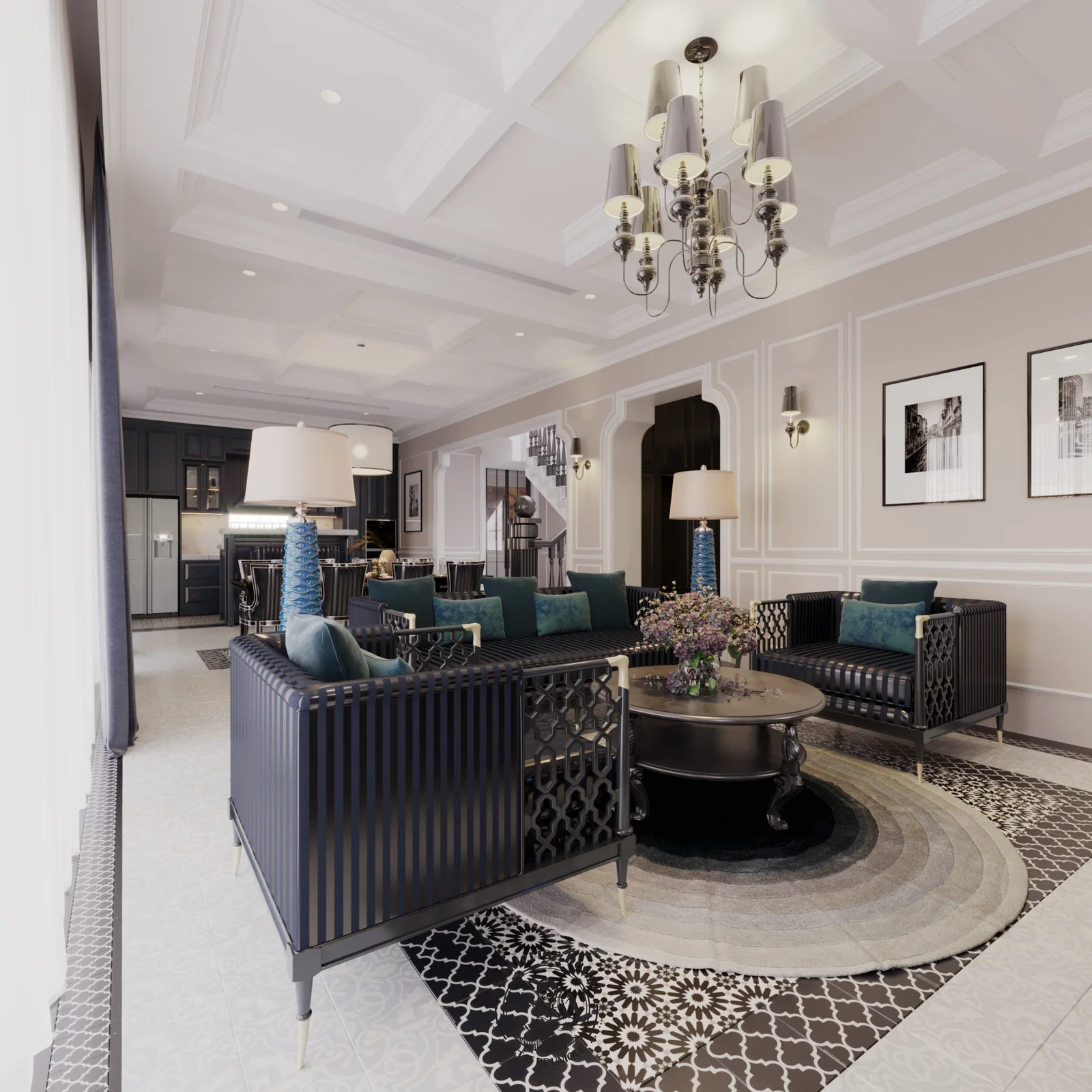 Phòng khách nhìn về phòng ăn – thiết kế nội thất biệt thự Swanbay – LU Design