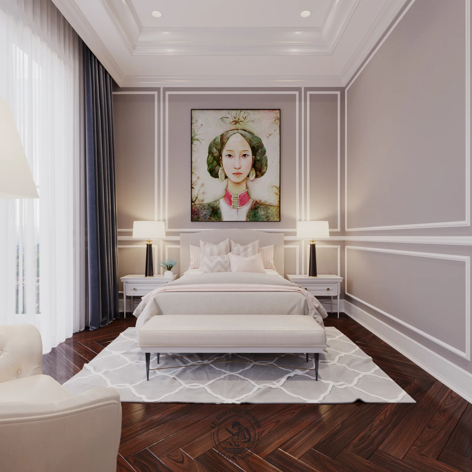 Phòng ngủ treo tranh chân dung thiếu nữ – thiết kế nội thất biệt thự Swanbay – LU Design