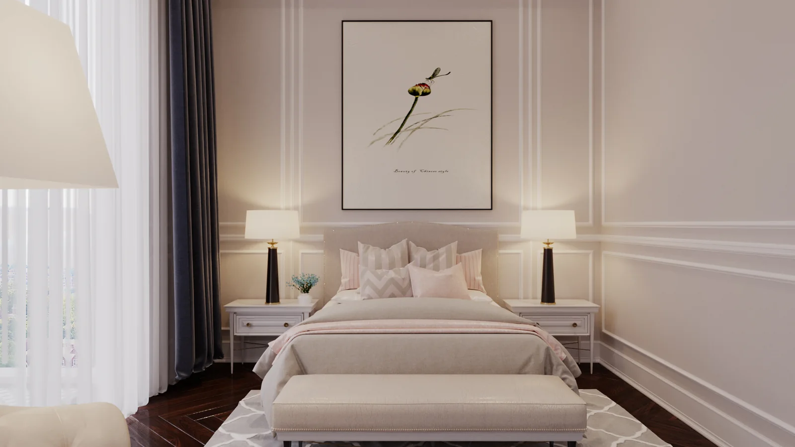 Phòng con gái tông kem với giường bọc nệm – thiết kế nội thất biệt thự Swanbay – LU Design