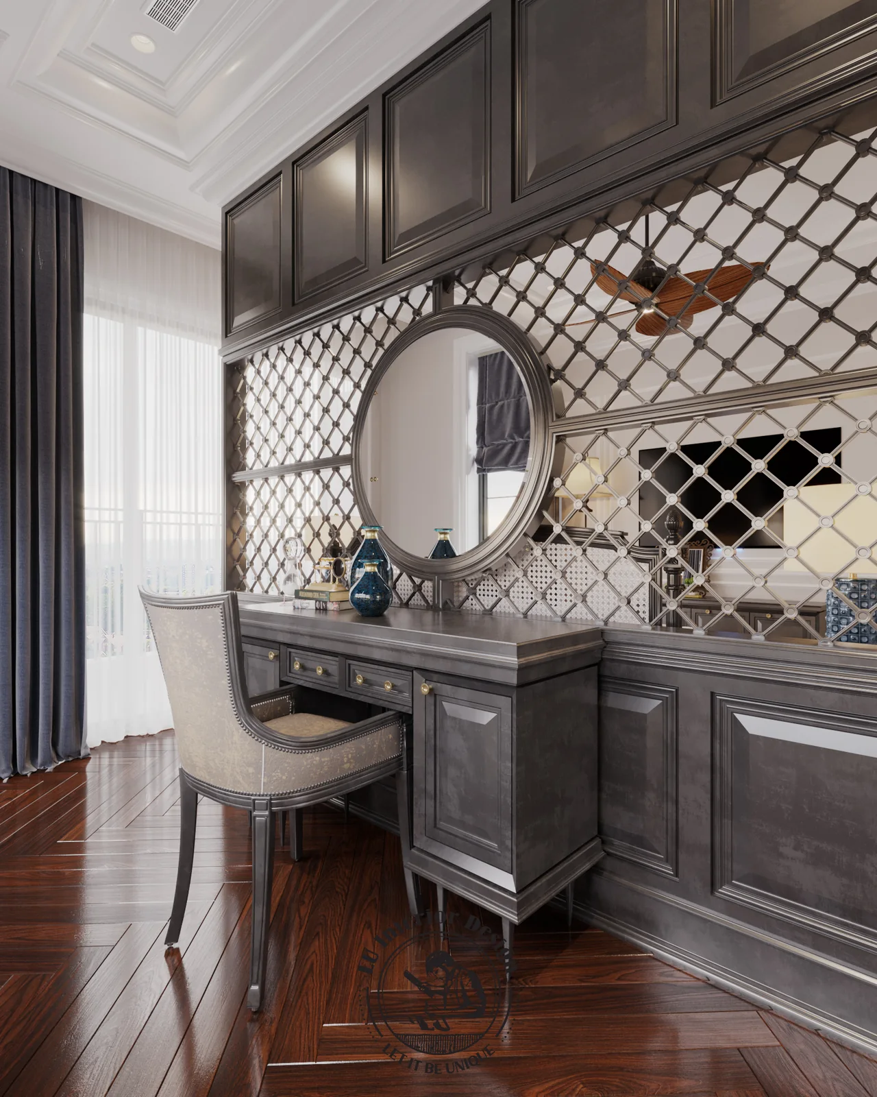 Bàn trang điểm gương tròn trước vách lưới – thiết kế nội thất biệt thự Swanbay – LU Design