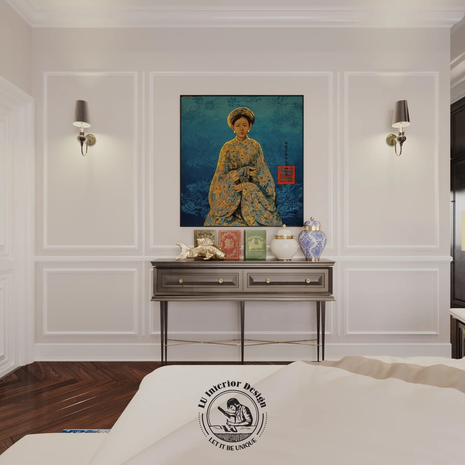 Console và tranh chân dung trong phòng master – thiết kế nội thất biệt thự Swanbay – LU Design