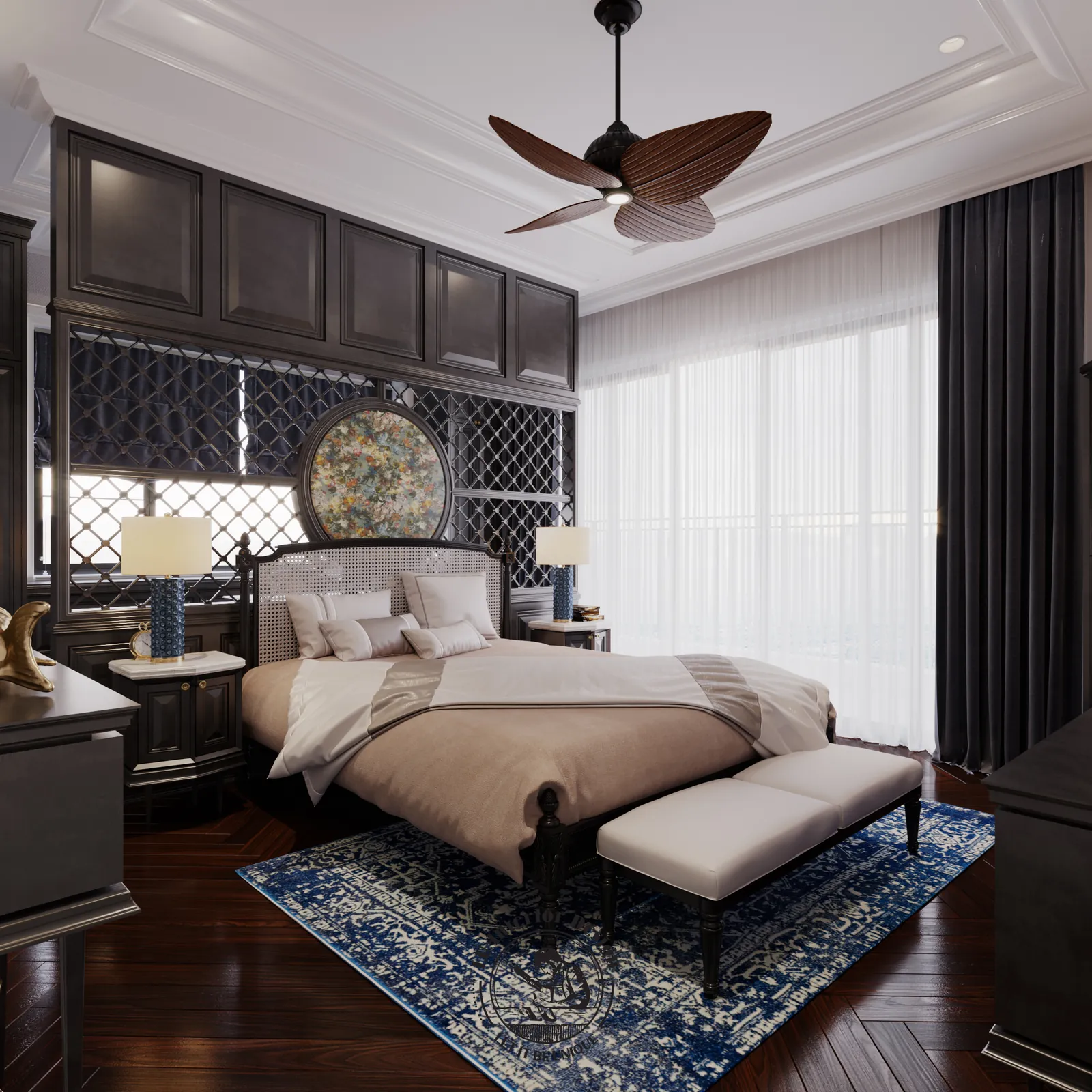 Quạt trần cánh gỗ và giường master – thiết kế nội thất biệt thự Swanbay – LU Design