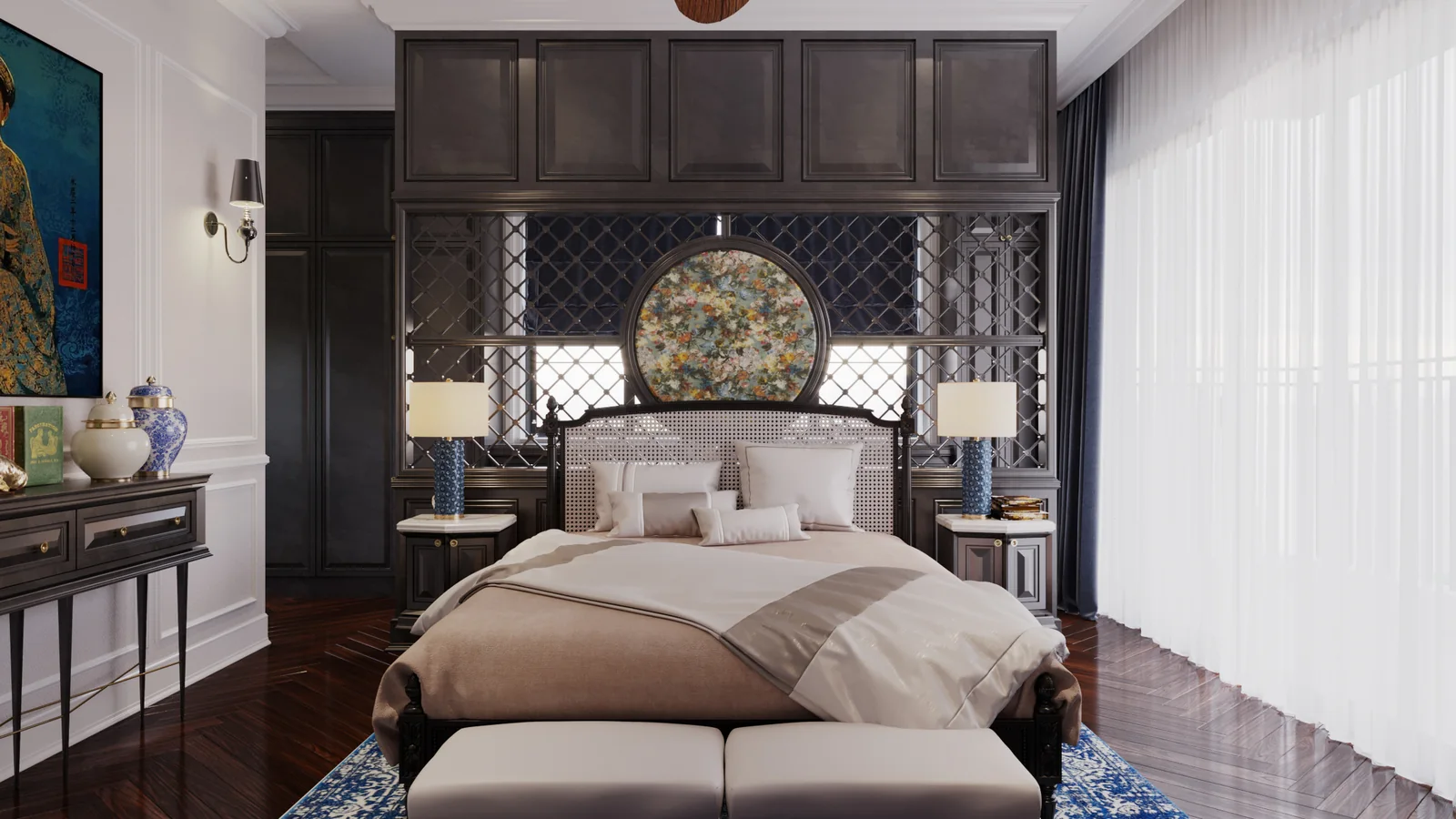 Phòng master vách lưới hoa văn và gương tròn – thiết kế nội thất biệt thự Swanbay – LU Design