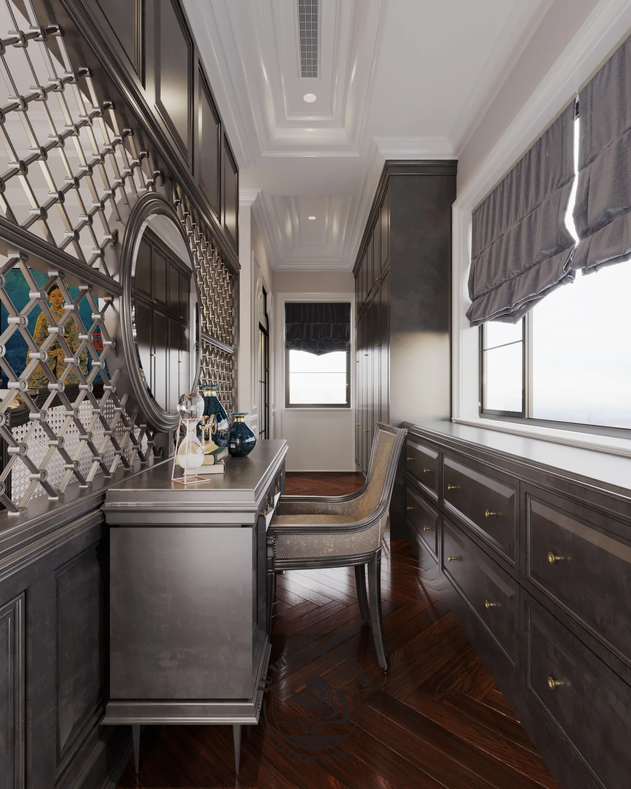 Vách lưới hoa văn và tủ gỗ phòng master – thiết kế nội thất biệt thự Swanbay – LU Design