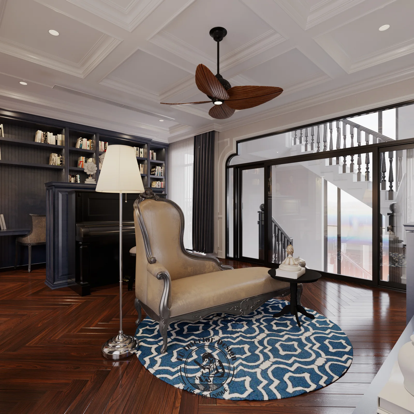Phòng sinh hoạt ghế bọc trên thảm tròn xanh – thiết kế nội thất biệt thự Swanbay – LU Design