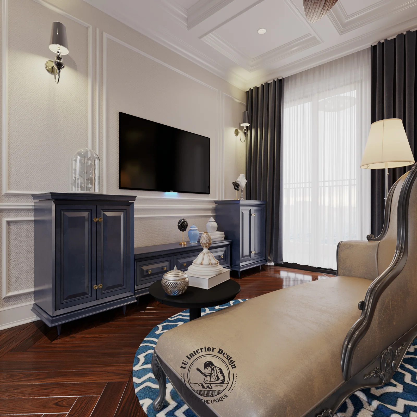 Vách tivi và ghế dài phòng sinh hoạt – thiết kế nội thất biệt thự Swanbay – LU Design