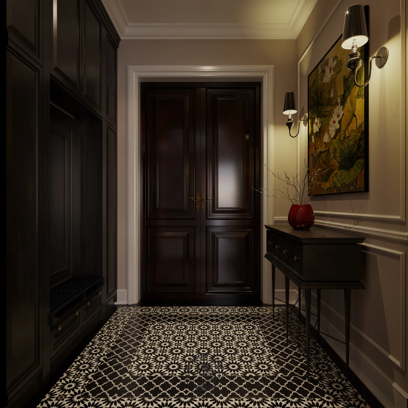 Cửa gỗ đen và sàn gạch bông ở sảnh – thiết kế nội thất biệt thự Swanbay – LU Design