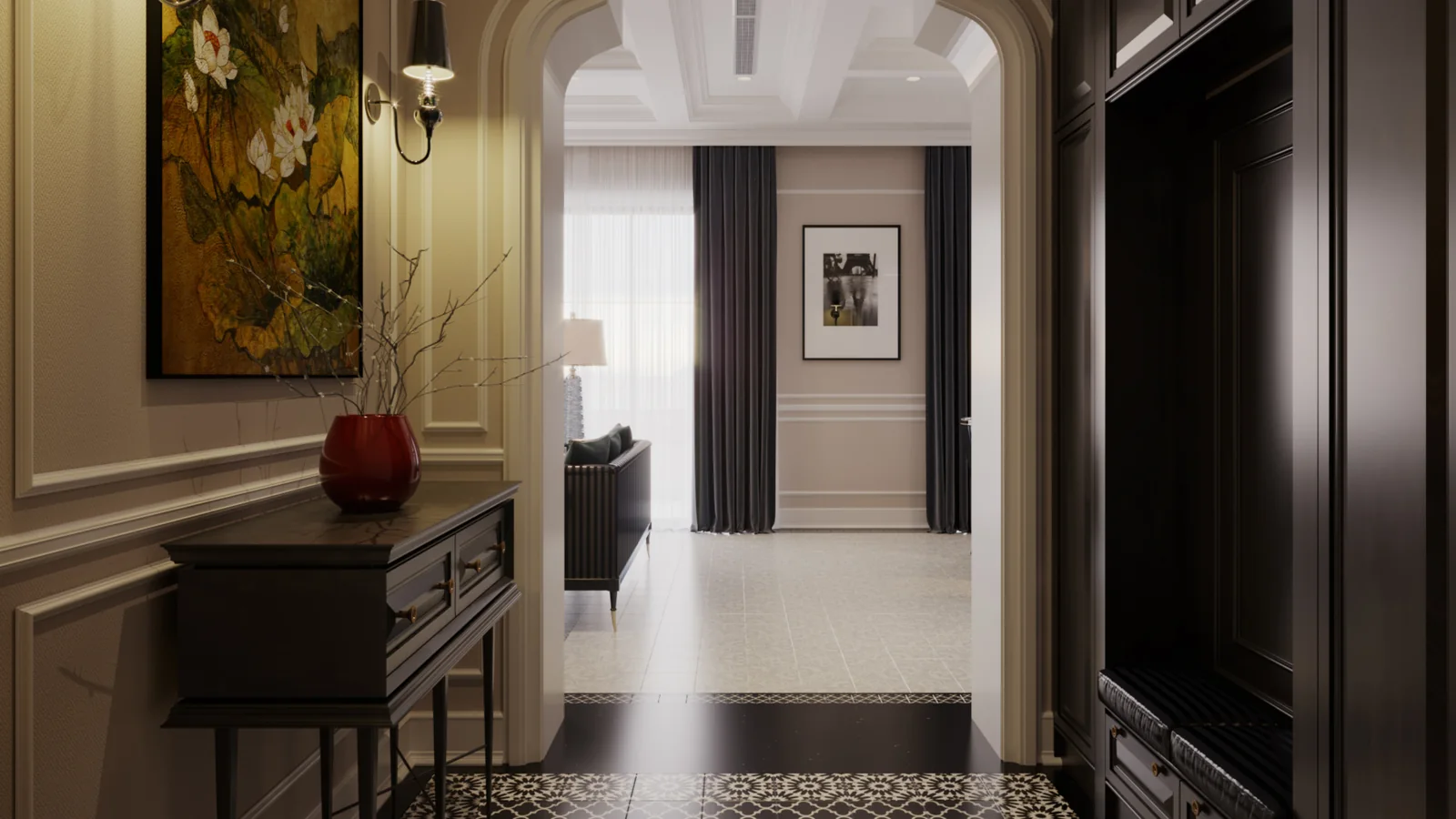 Sảnh ốp gỗ tối với cửa vòm và tranh hoa sen – thiết kế nội thất biệt thự Swanbay – LU Design
