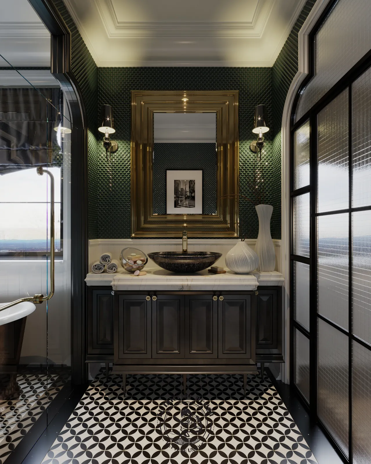 Lavabo đá đen và gương khung đồng – thiết kế nội thất biệt thự Swanbay – LU Design
