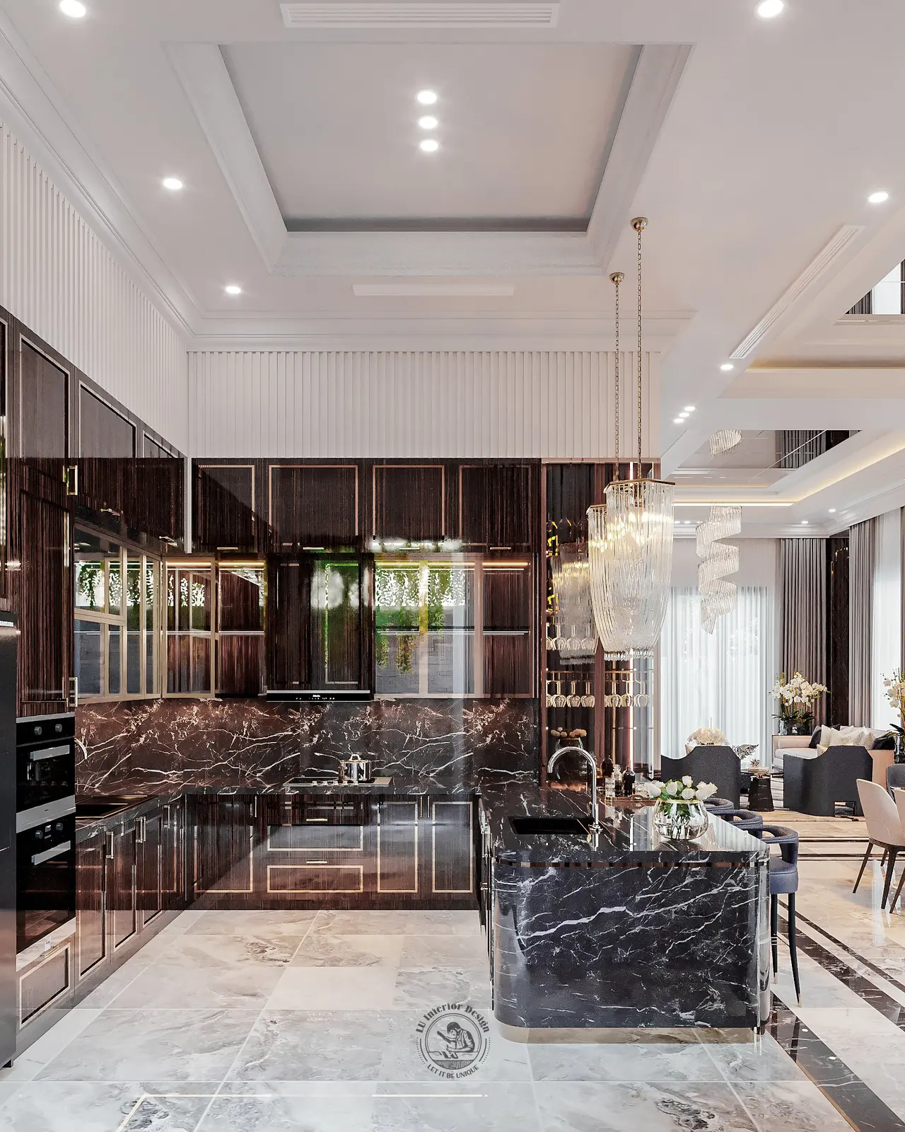 Đảo bếp đá marble đen và tủ gỗ – thiết kế nội thất biệt thự Tân Phú – LU Design