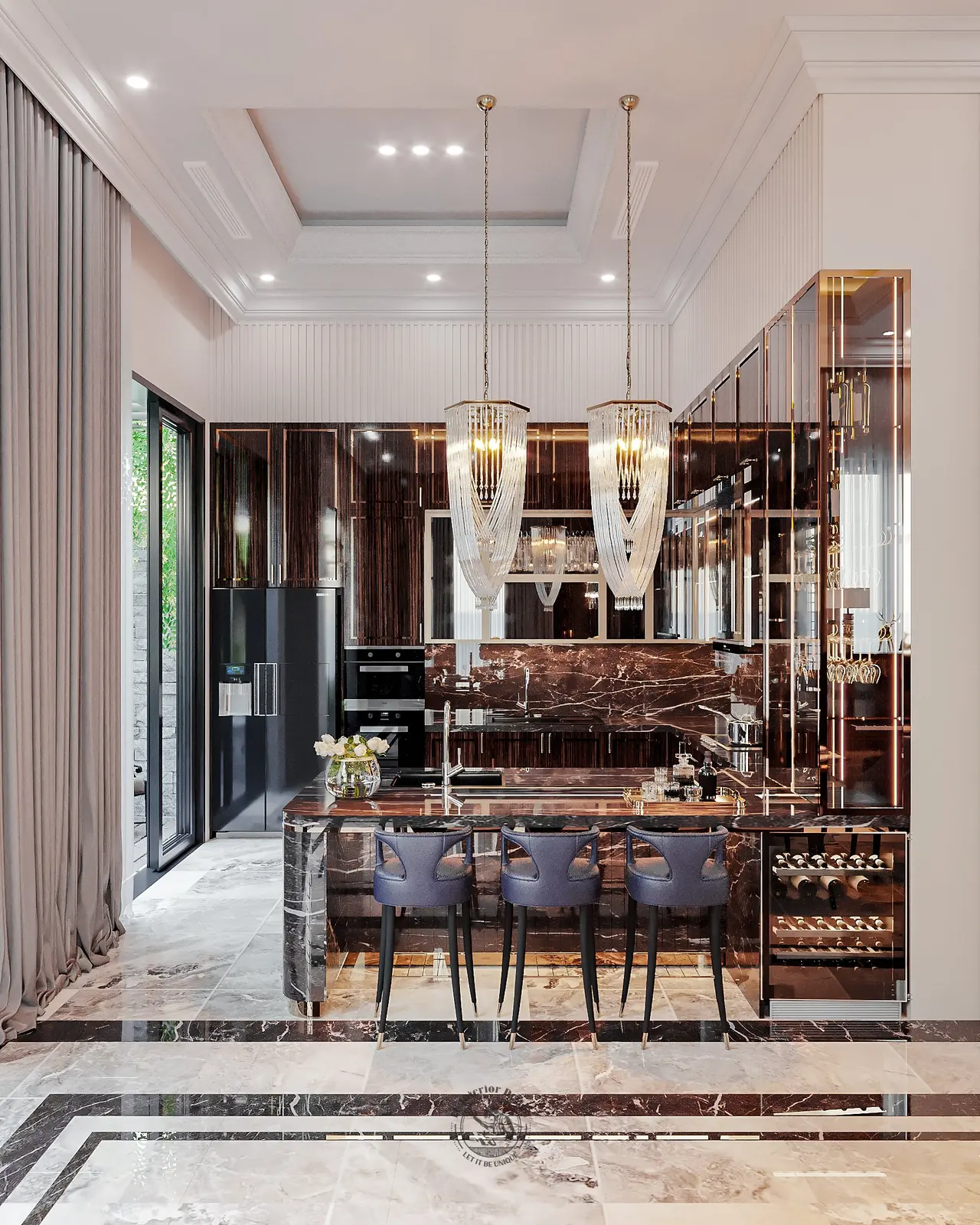 Quầy bếp ốp đá marble đen vân – thiết kế nội thất biệt thự Tân Phú – LU Design