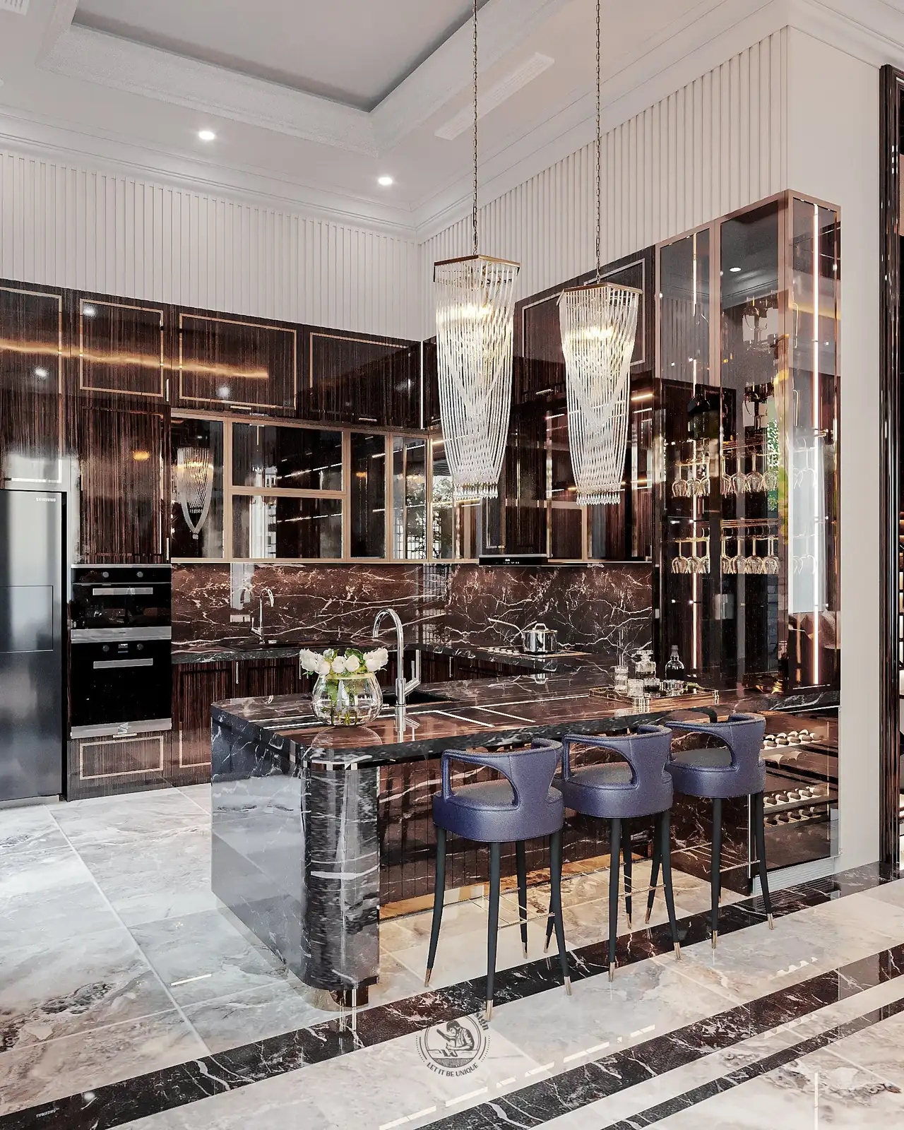 Tủ rượu kính đèn hắt dọc vách bếp – thiết kế nội thất biệt thự Tân Phú – LU Design