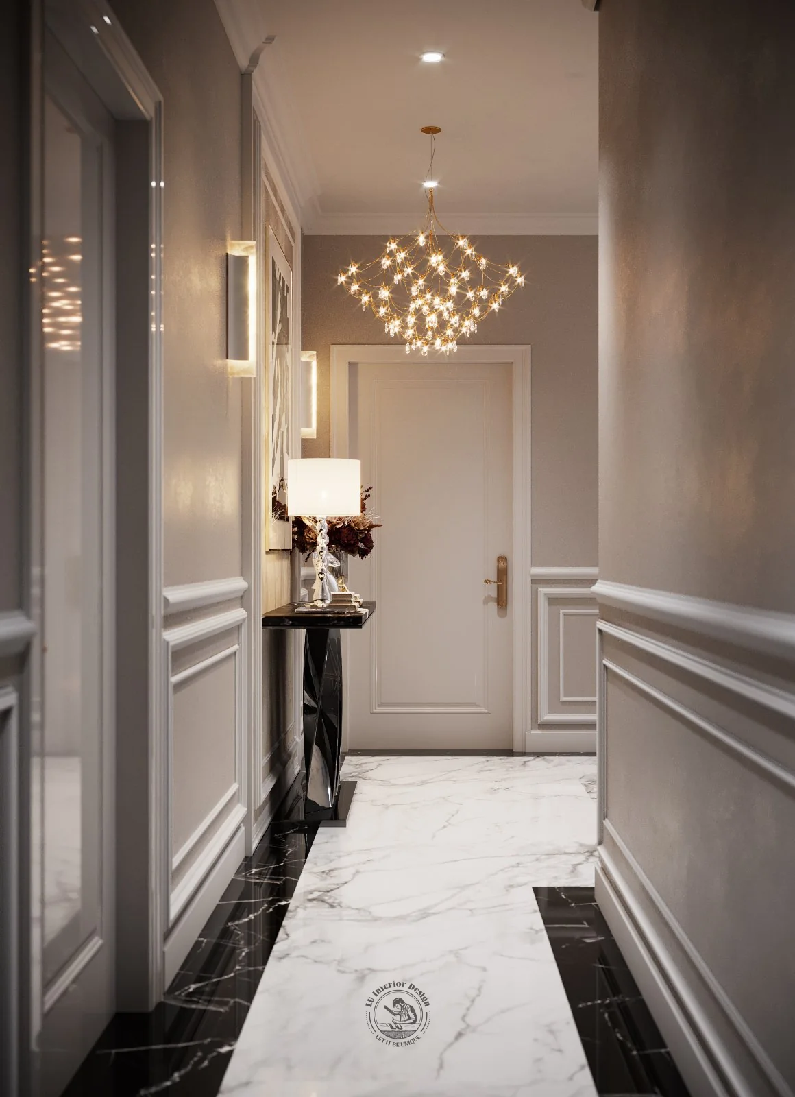 Đèn chùm sao ở hành lang – thiết kế nội thất biệt thự Tân Phú – LU Design