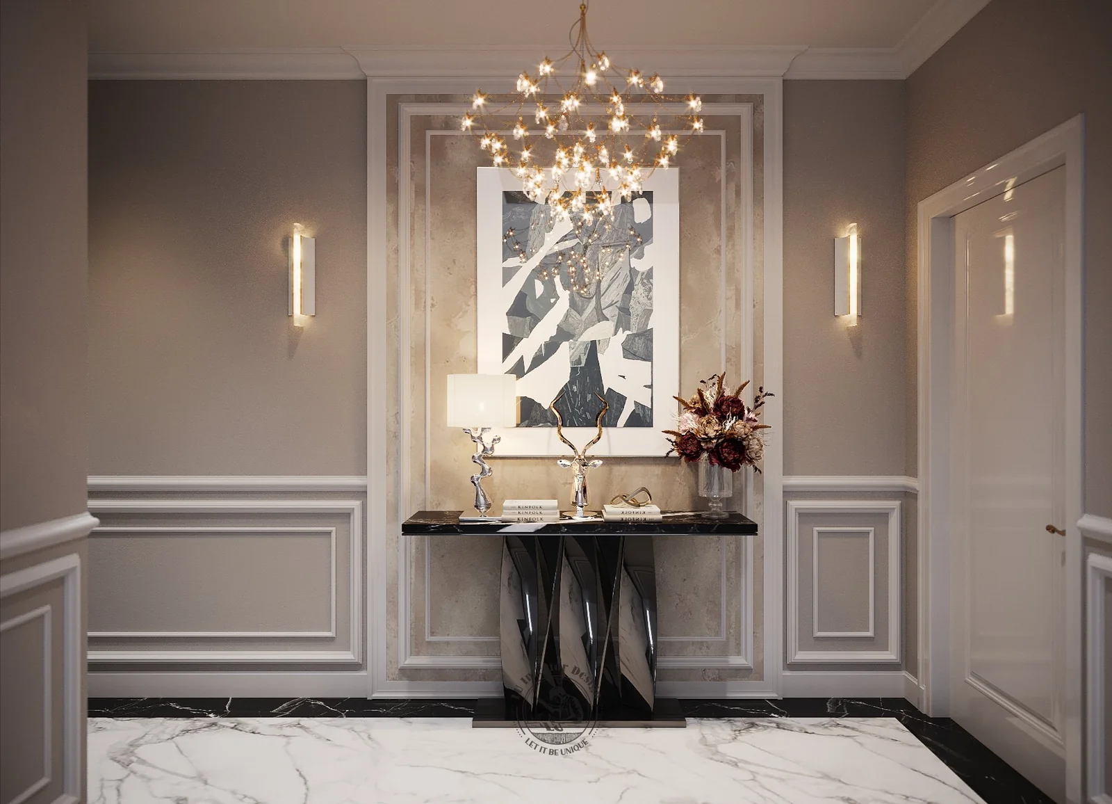 Tranh khổ lớn trên console hành lang – thiết kế nội thất biệt thự Tân Phú – LU Design