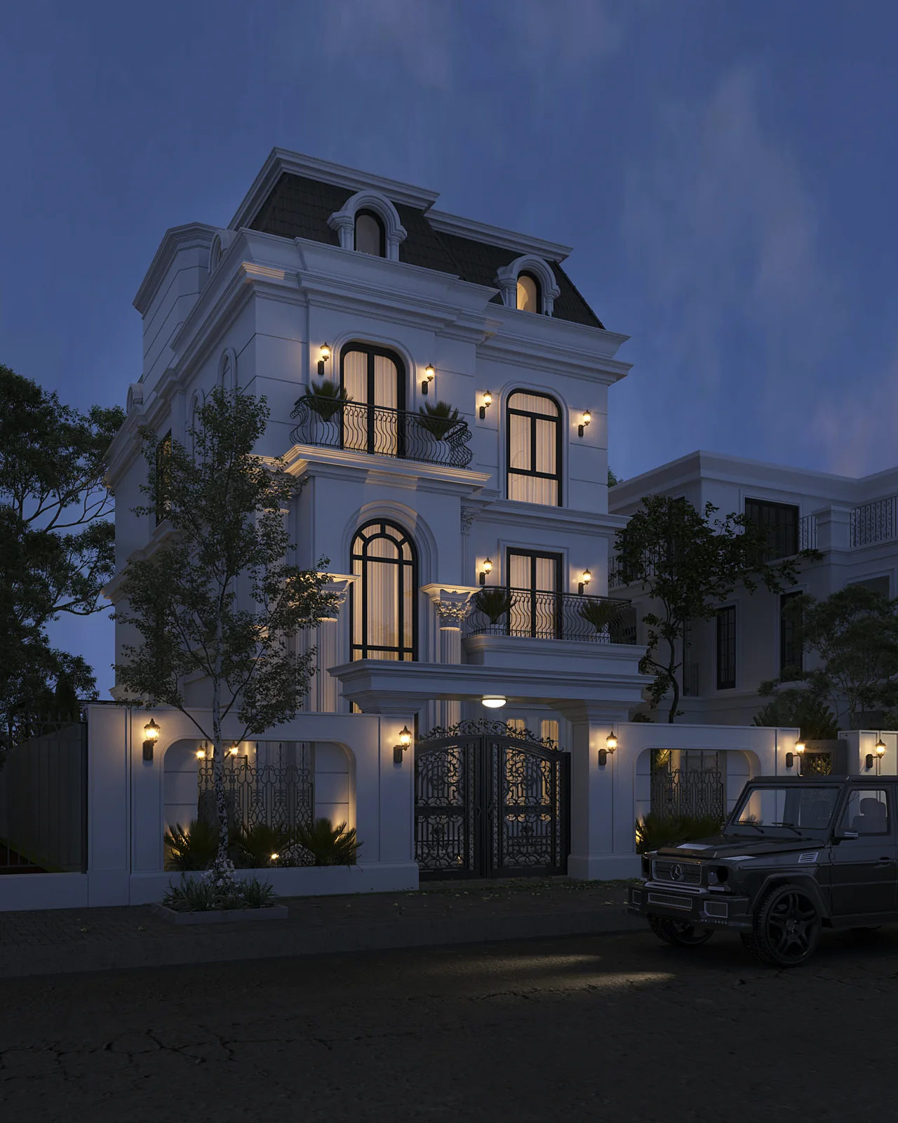 Mặt tiền biệt thự lên đèn về đêm – thiết kế nội thất biệt thự Tân Phú – LU Design