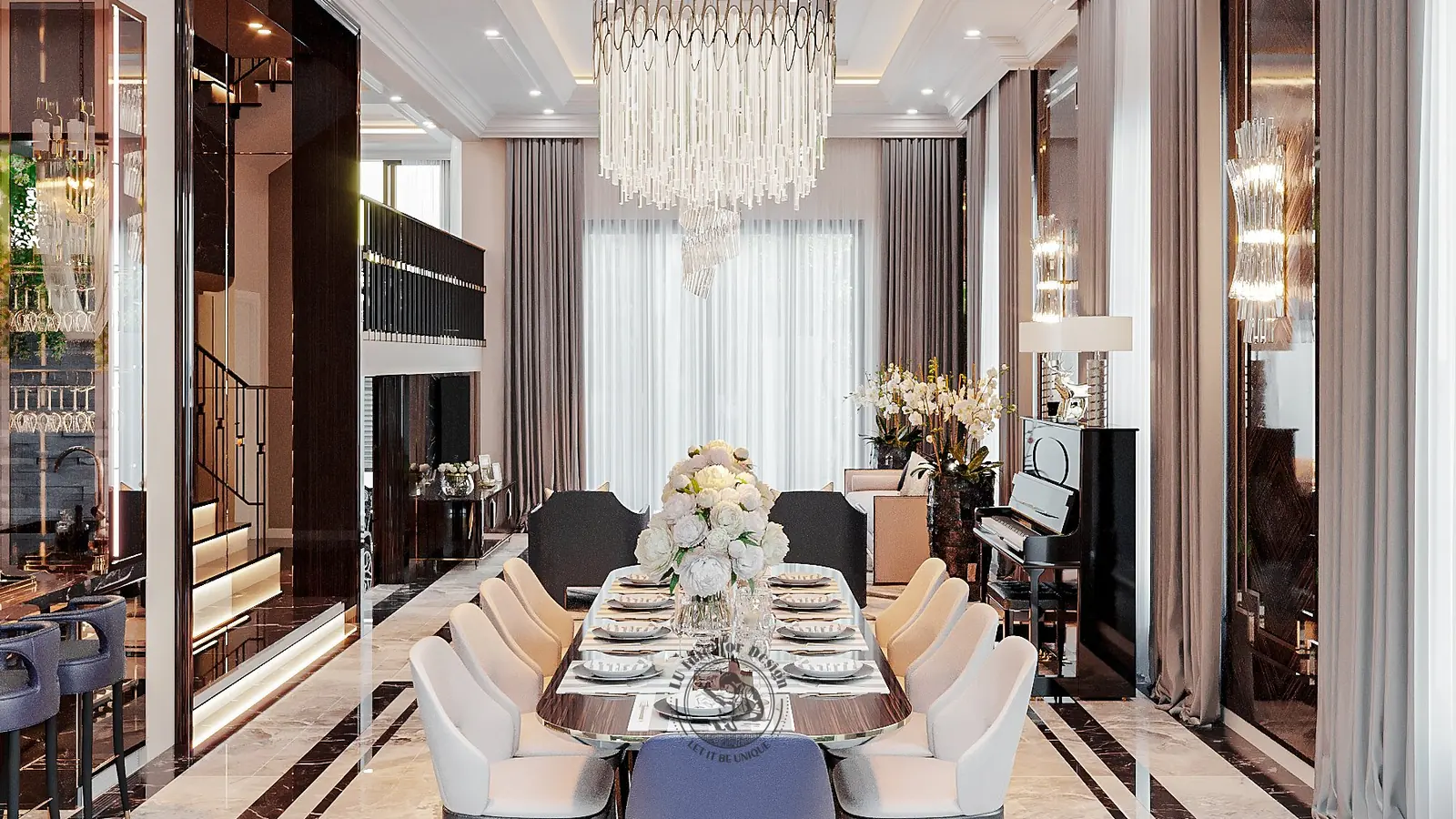 Bàn ăn ghế bọc xanh than – thiết kế nội thất biệt thự Tân Phú – LU Design