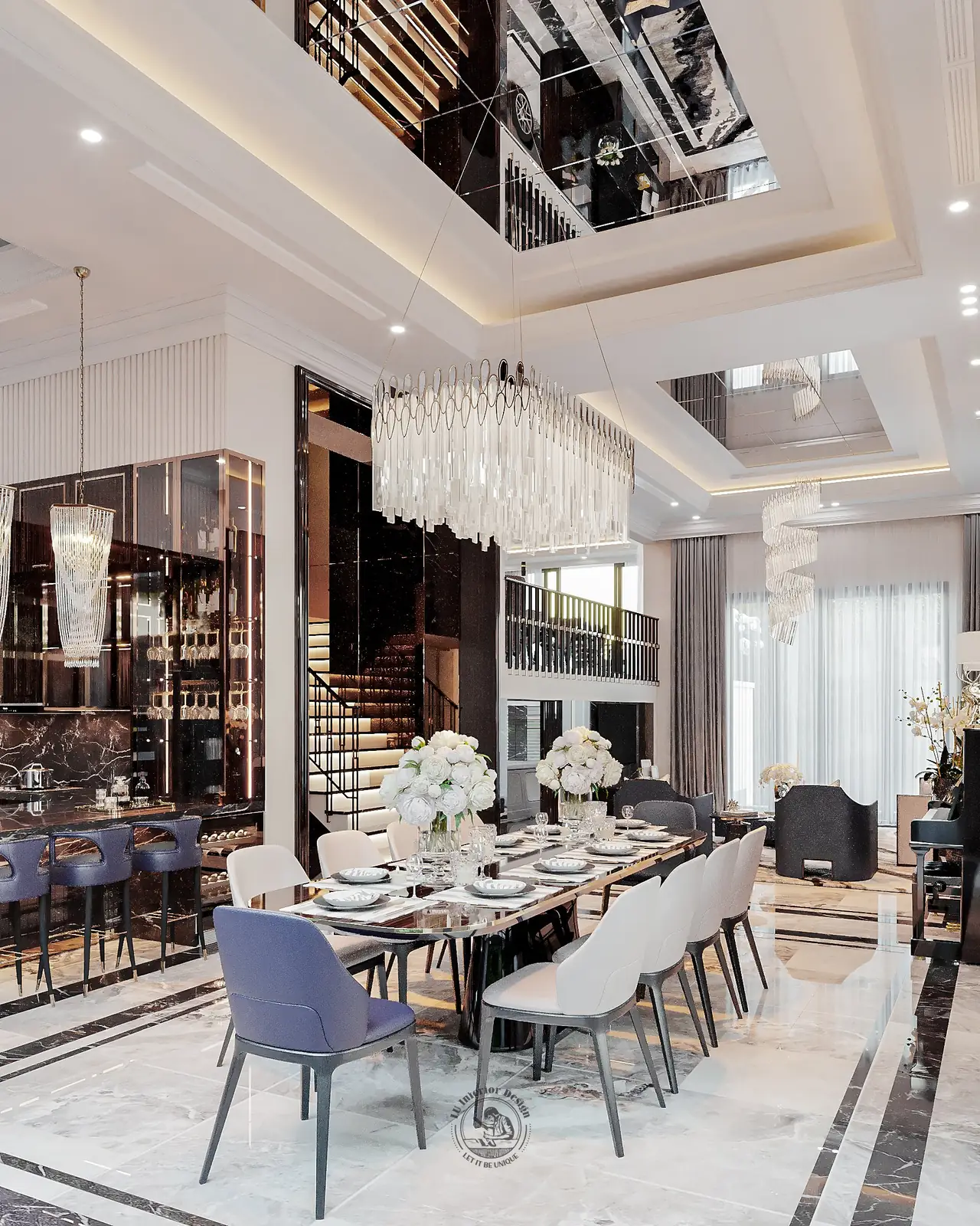 Trần gương và đèn chùm trên bàn ăn – thiết kế nội thất biệt thự Tân Phú – LU Design