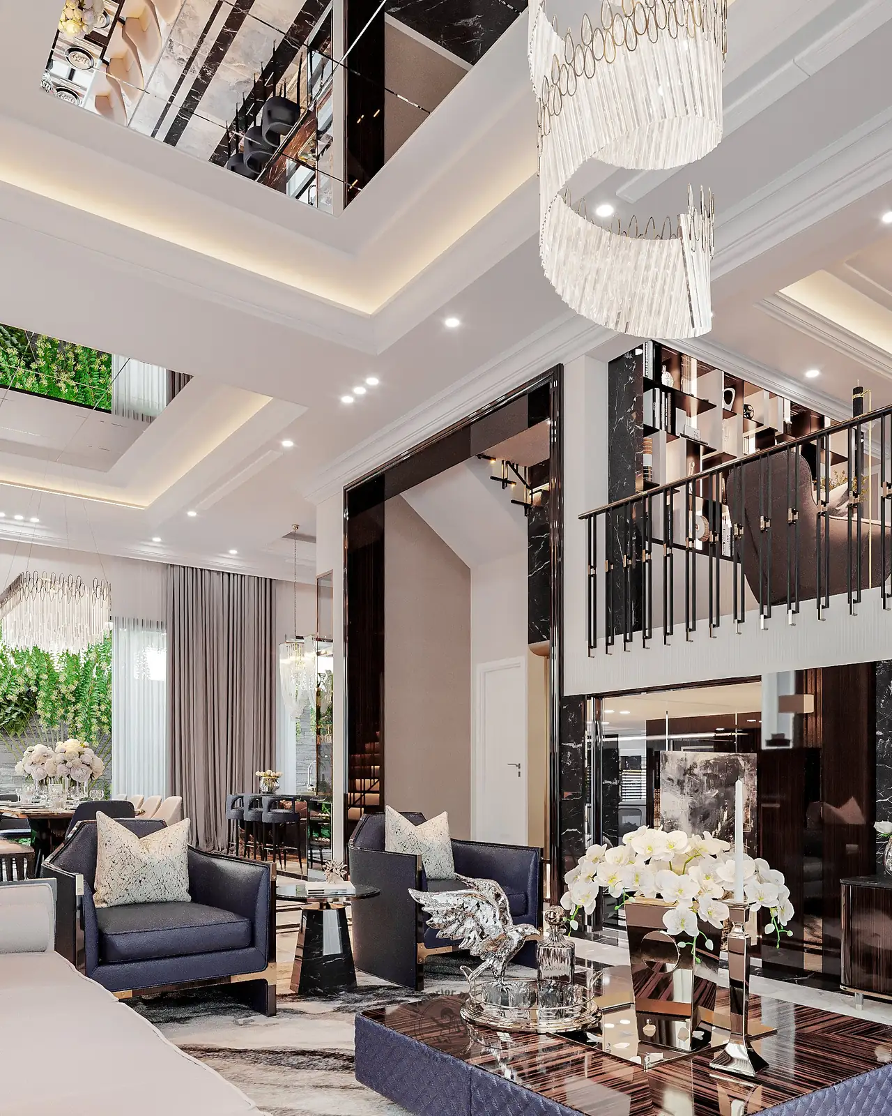 Chùm đèn pha lê xoắn thả từ trần – thiết kế nội thất biệt thự Tân Phú – LU Design