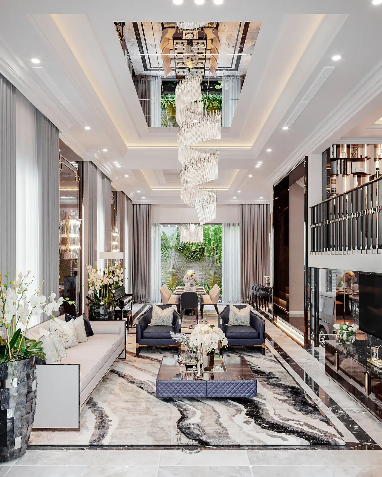 Phòng khách nhìn từ lan can tầng trên – thiết kế nội thất biệt thự Tân Phú – LU Design