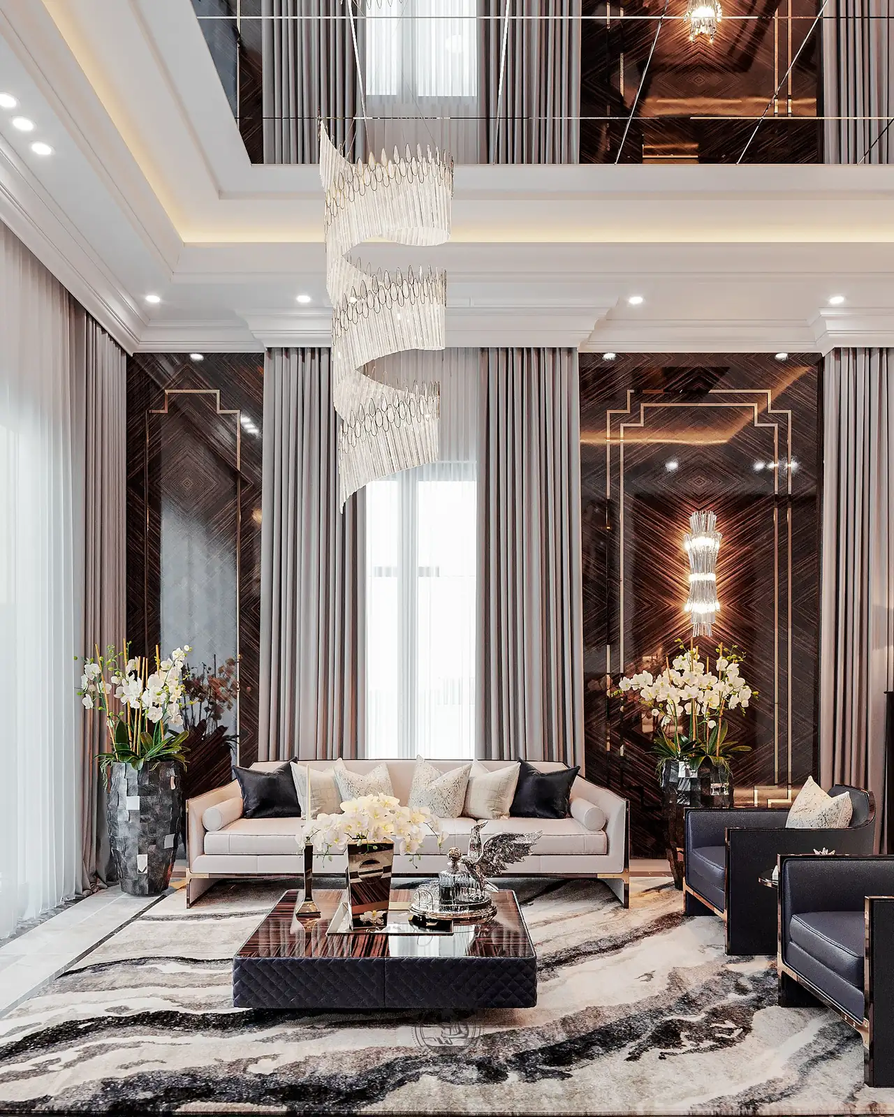 Sofa kem và bàn trà đá trên thảm vân – thiết kế nội thất biệt thự Tân Phú – LU Design