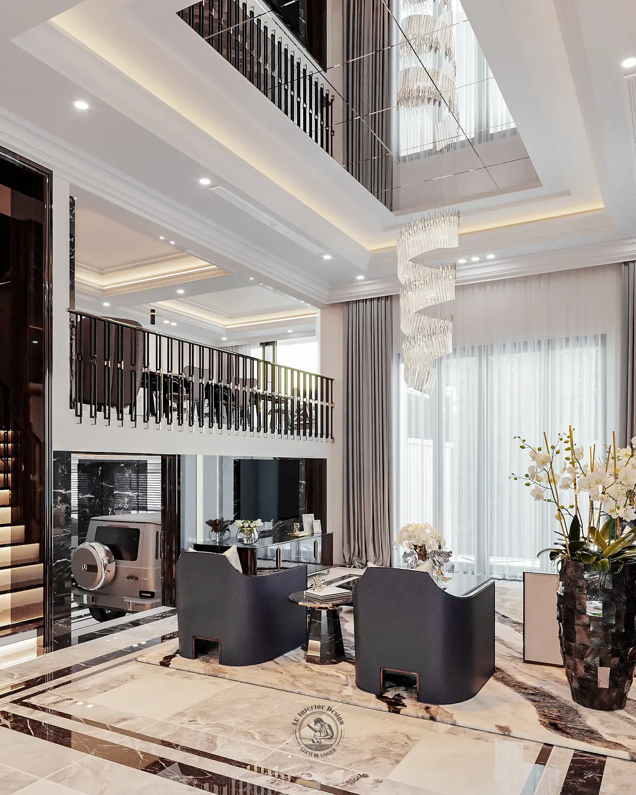 Phòng khách thông tầng với chùm đèn pha lê – thiết kế nội thất biệt thự Tân Phú – LU Design