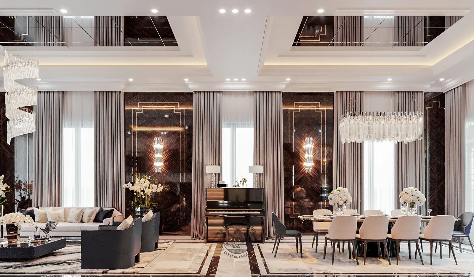 Toàn cảnh tầng trệt phòng khách và phòng ăn – thiết kế nội thất biệt thự Tân Phú – LU Design